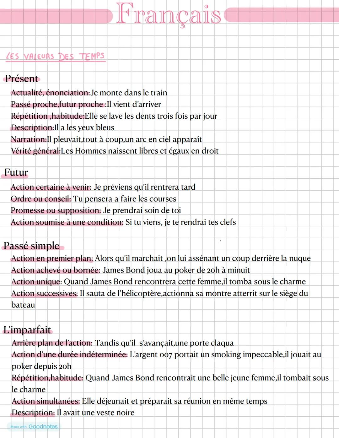 Français
LES VALEURS DES TEMPS
Présent
Actualité, énonciation: Je monte dans le train
Passé proche,futur proche :Il vient d'arriver
Répétiti