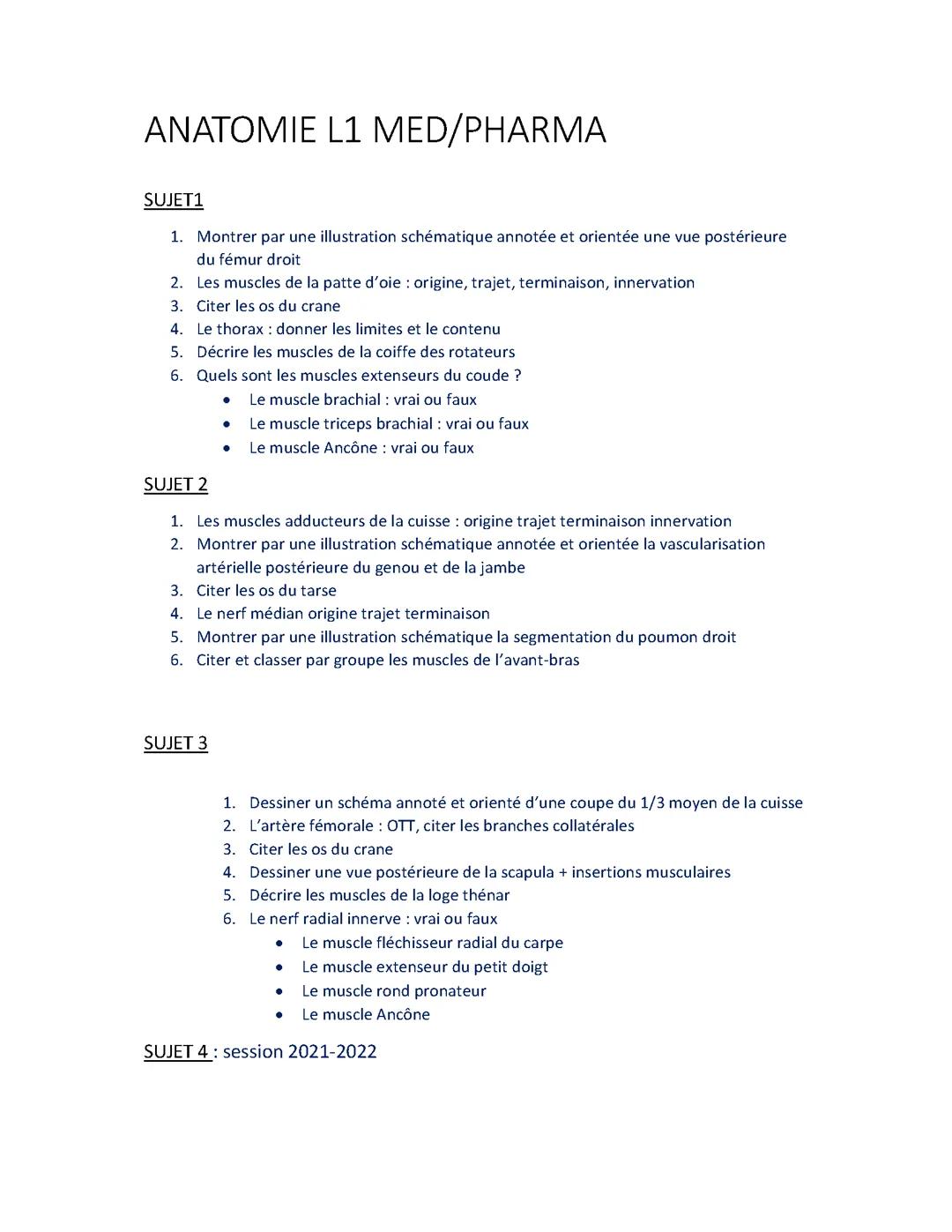 Anatomie examens de première année de médecine ou de pharmacie