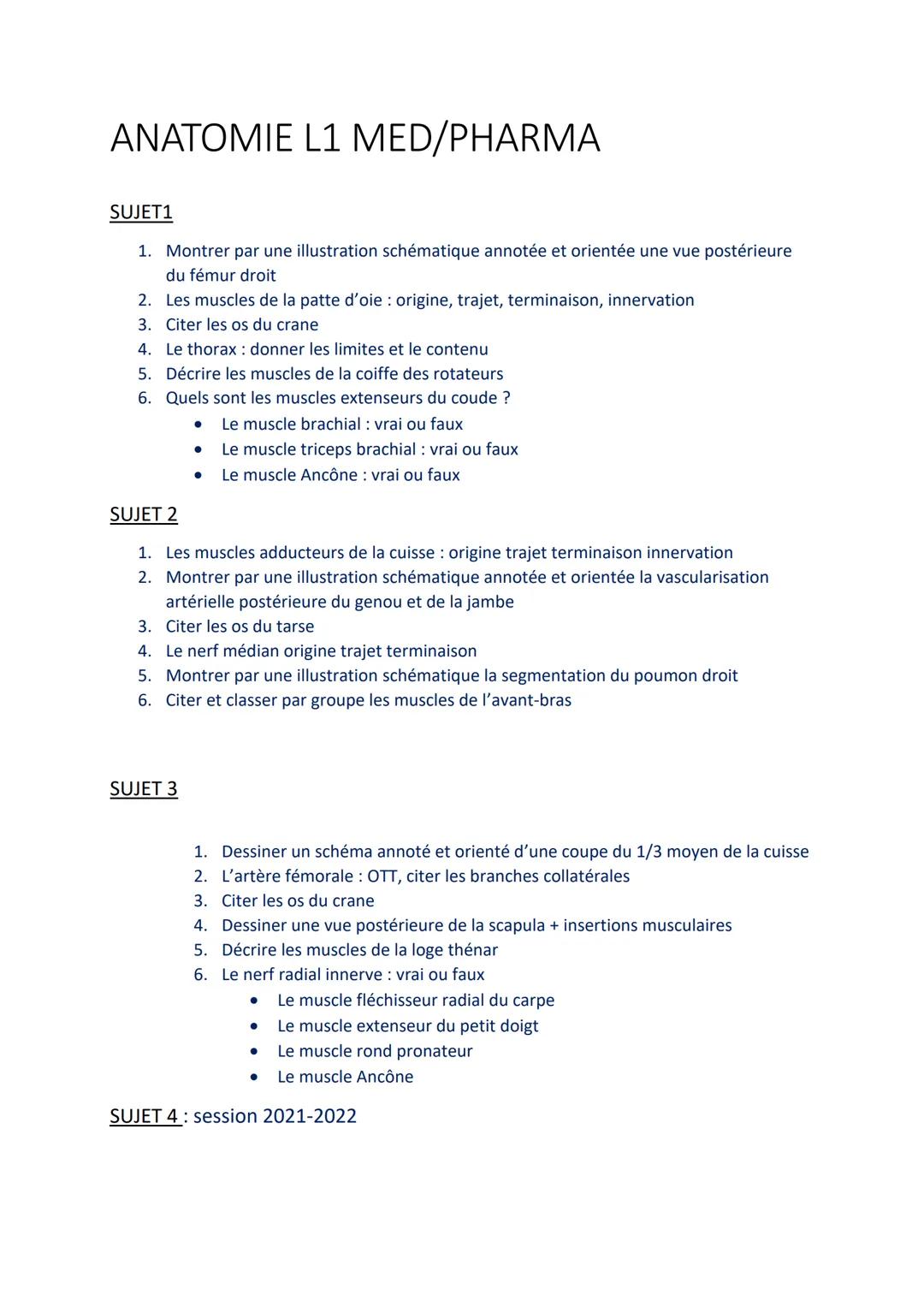 ANATOMIE L1 MED/PHARMA
SUJET1
1. Montrer par une illustration schématique annotée et orientée une vue postérieure
du fémur droit
2. Les musc