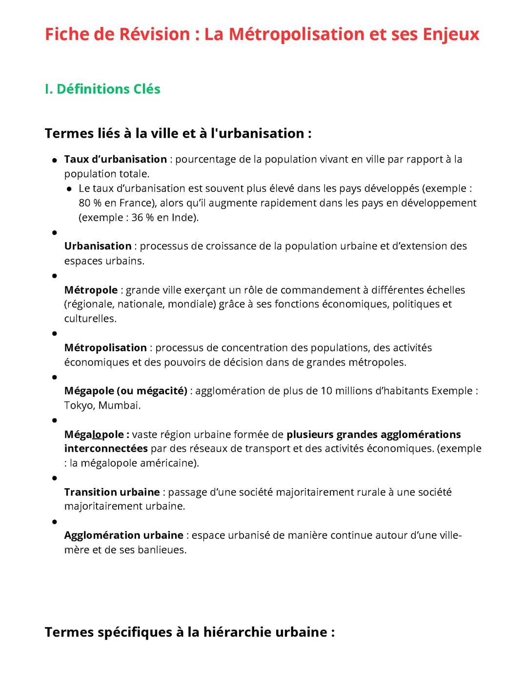 Fiche geo Enjeux De la Metropolisation
