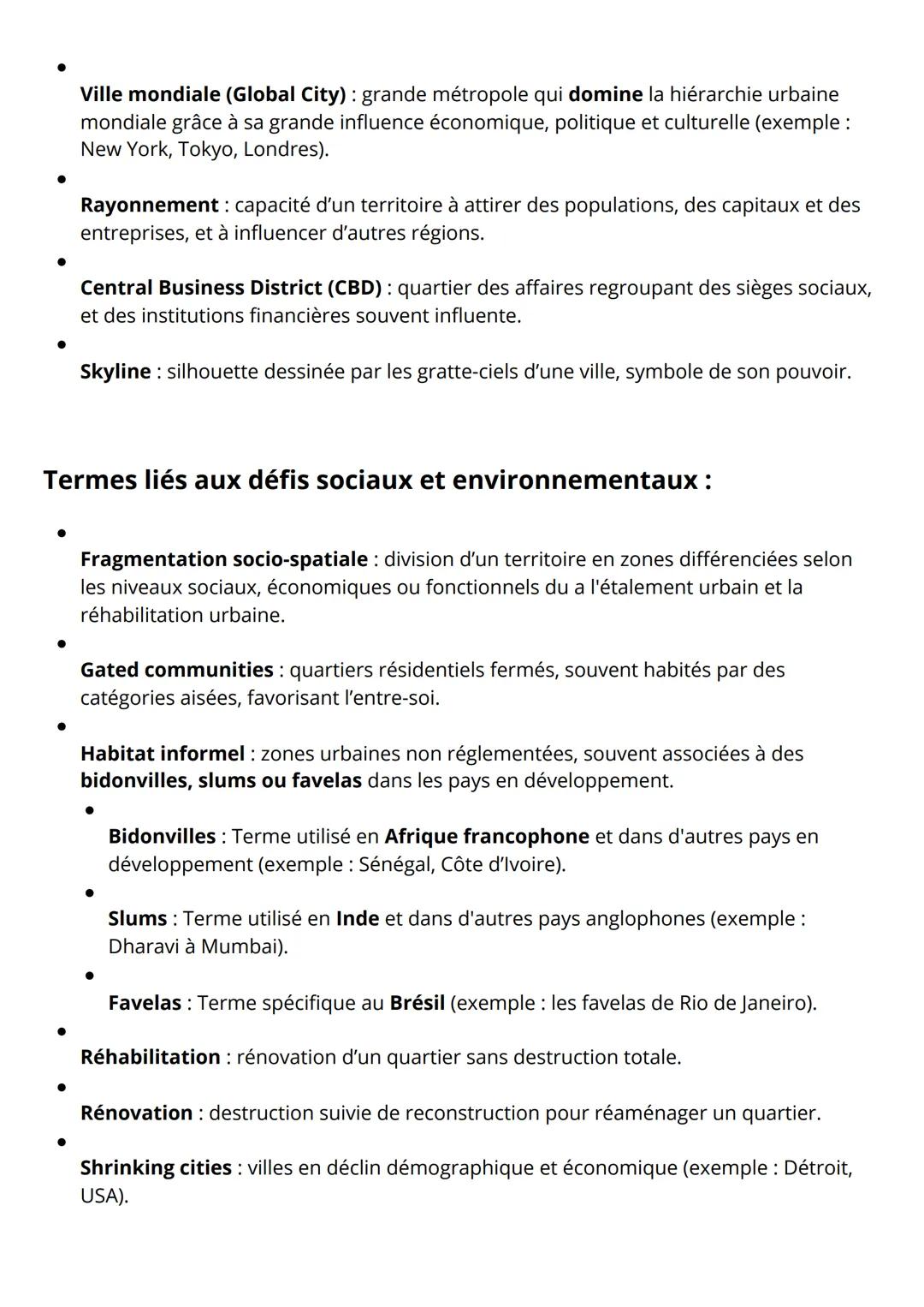 Fiche de Révision: La Métropolisation et ses Enjeux
I. Définitions Clés
Termes liés à la ville et à l'urbanisation:
• Taux d'urbanisation: p