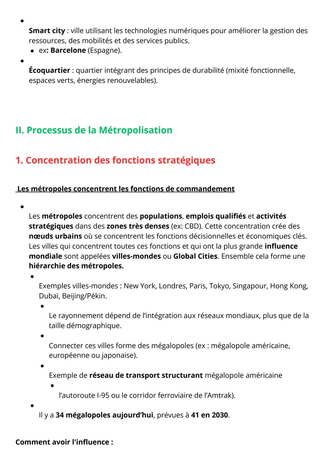 Fiche de Révision: La Métropolisation et ses Enjeux
I. Définitions Clés
Termes liés à la ville et à l'urbanisation:
• Taux d'urbanisation: p