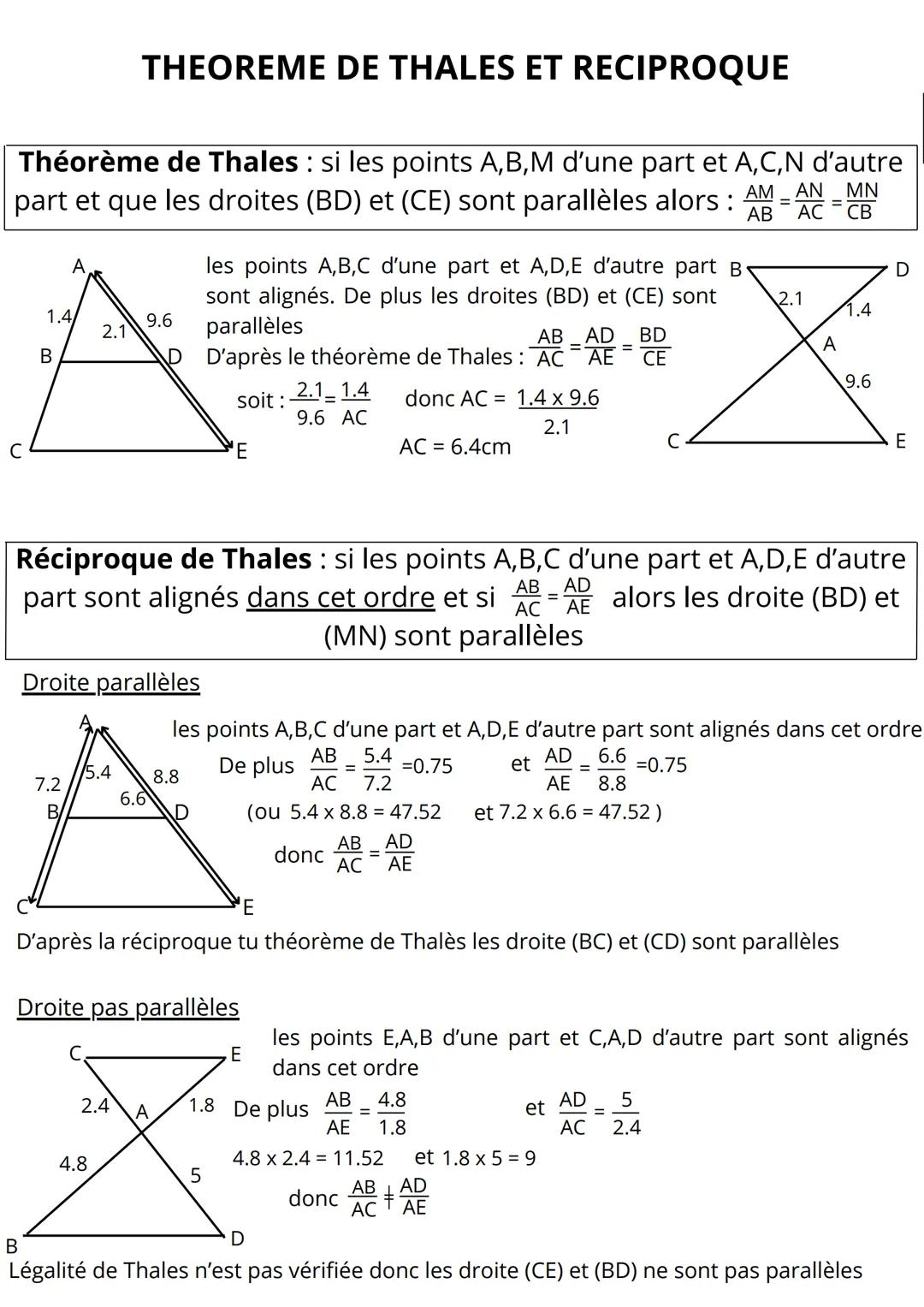 # THEOREME DE THALES ET RECIPROQUE
Théorème de Thales: si les points A,B,M d'une part et A,C,N d'autre
part et que les droites (BD) et (CE)