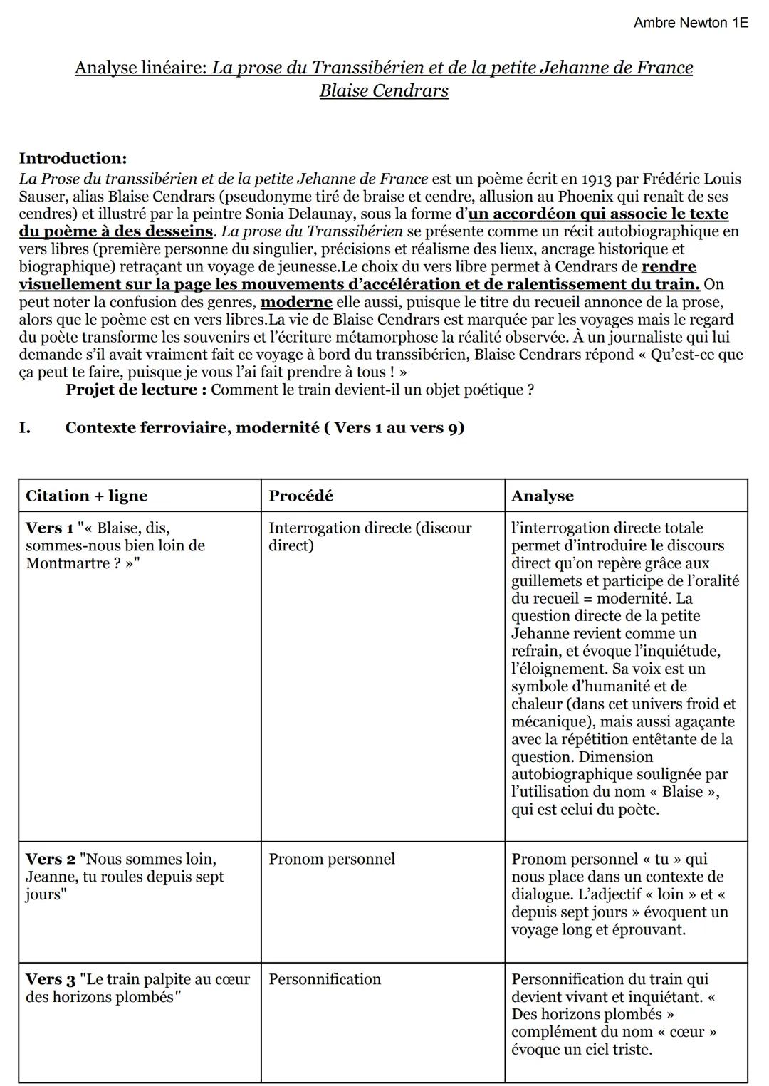 Analyse linéaire Blaise Cendrars