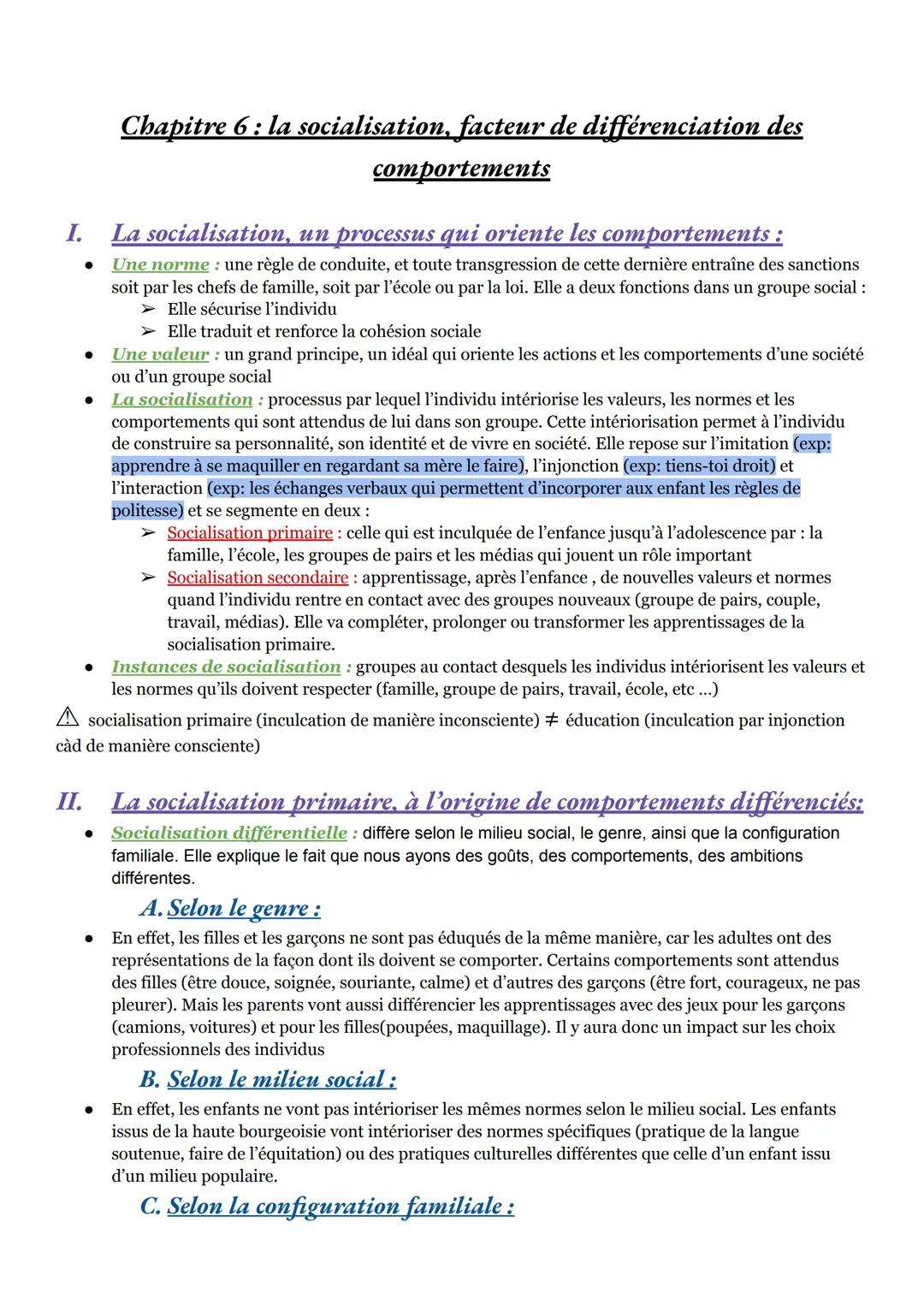 Chapitre 6 : la socialisation, facteur de différenciation des
comportements
I. La socialisation, un processus qui oriente les comportements