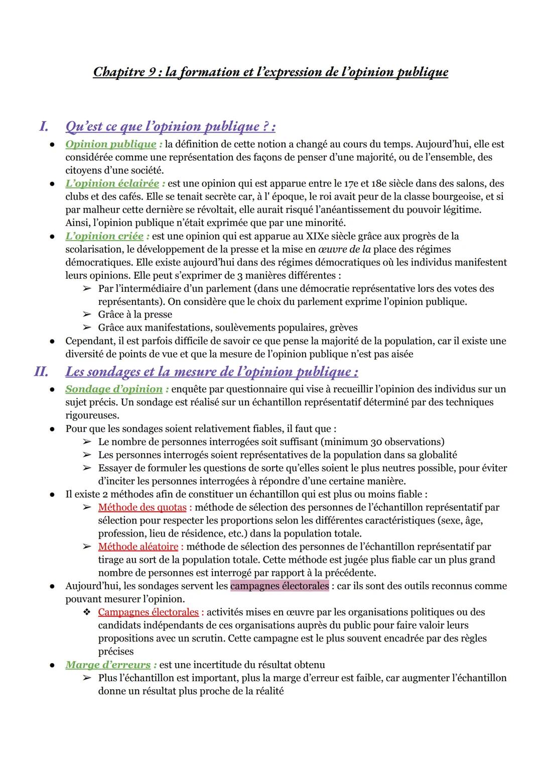 # Chapitre 9: la formation et l'expression de l'opinion publique
I. Qu'est ce que l'opinion publique ? :
* Opinion publique: la définiti