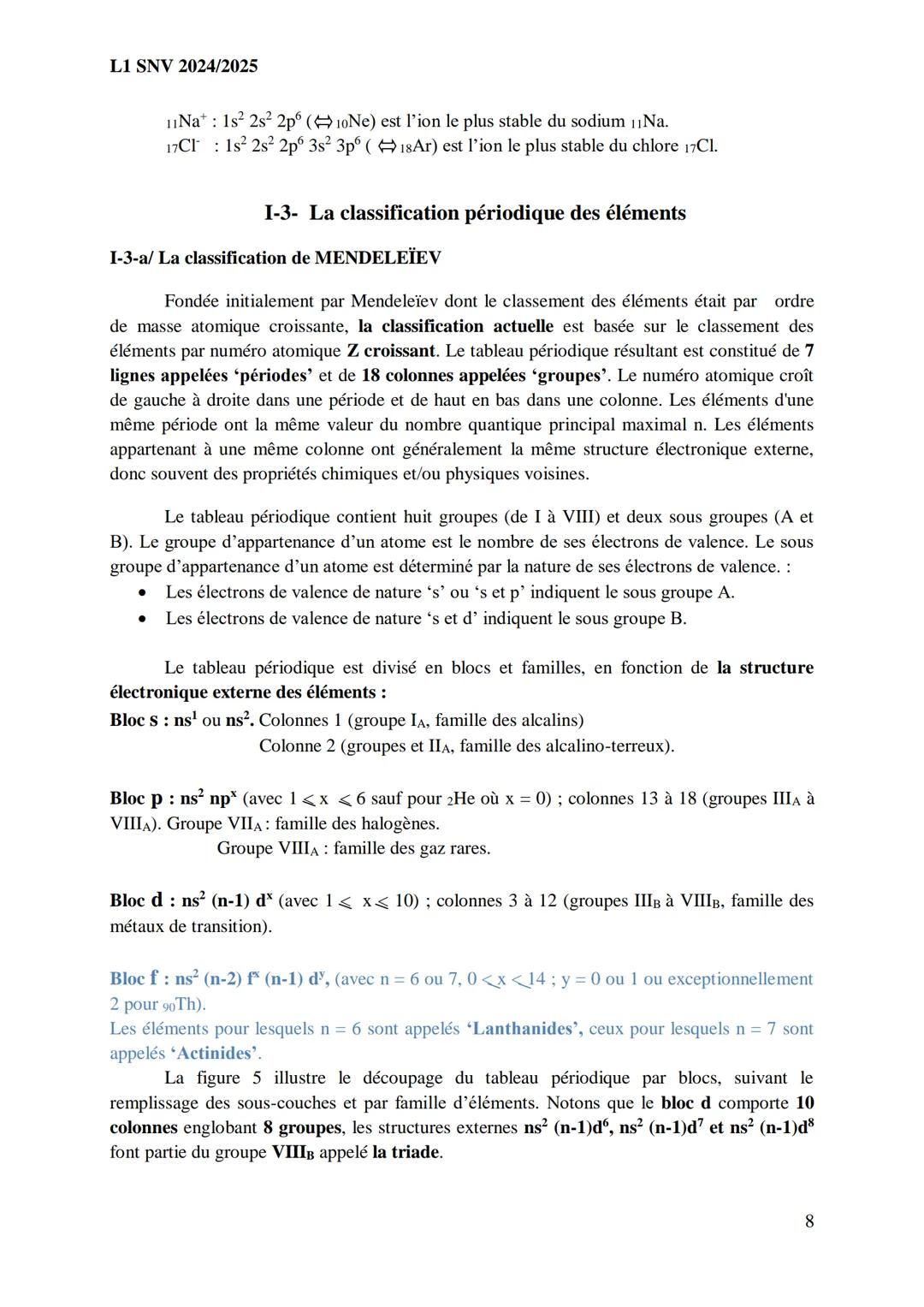 L1 SNV 2024/2025
• Des nucléides sont dits isotopes d’un élément s’ils possèdent le même nombre de
protons mais pas le même nombre de nuclé