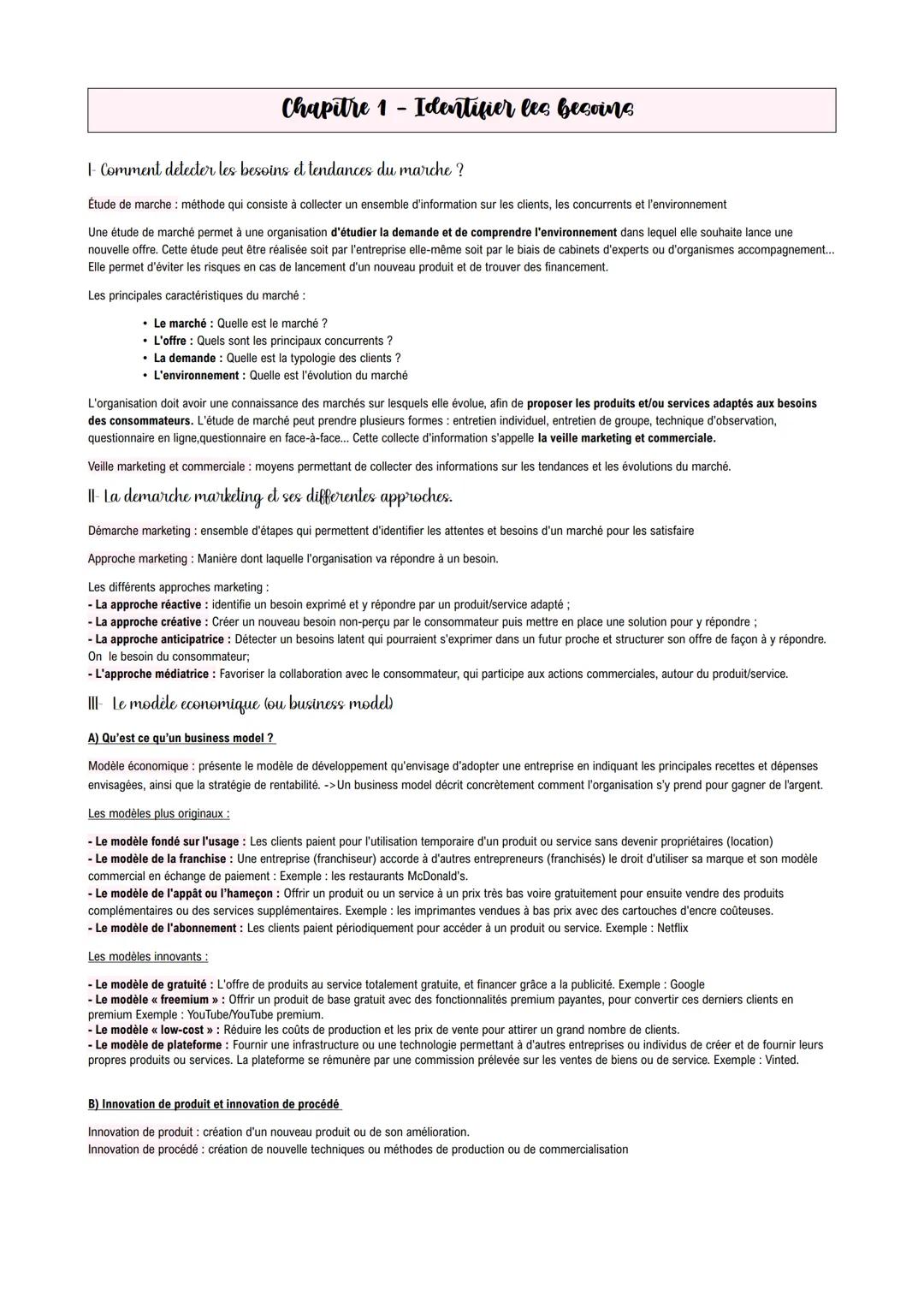 --- OCR Start ---
Chapitre 1 - Identifier les besoins
1- Comment detecter les besoins et tendances du marche?
Étude de marche: méthode qui c