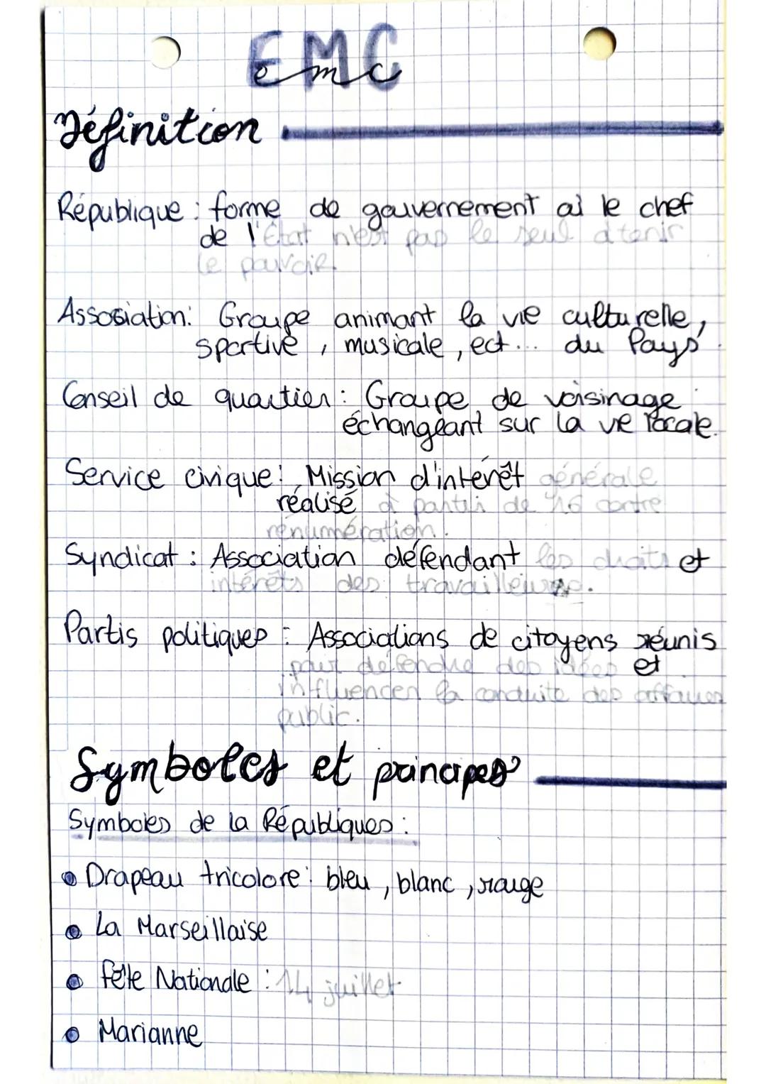 --- OCR Start ---
• Devise = Liberté, Égalité, fraternité
Les valeurs de la République française
République Laïque Géparation des Eglises et