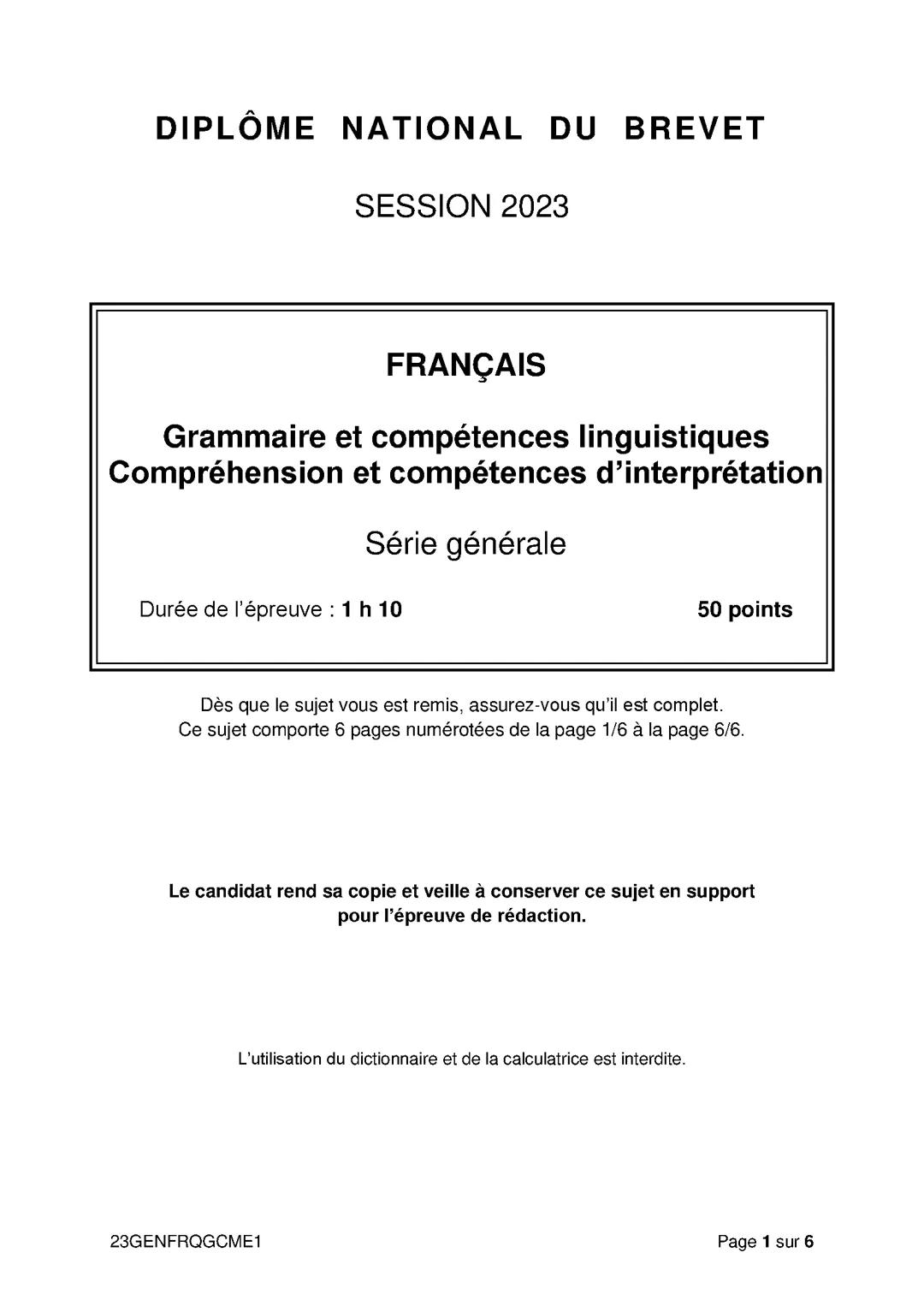 Sujet du brevet 2023 de Français