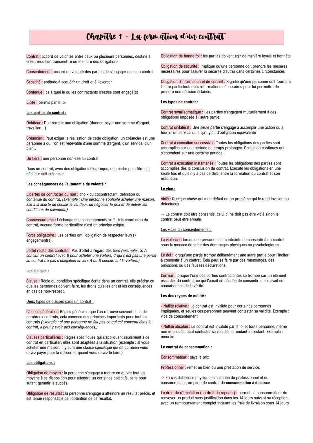 PROGRAMME DE TERMINALE DROIT # Chapitre 1 - La formation d'un contrat
Contrat: accord de volontés entre deux ou plusieurs personnes, destin