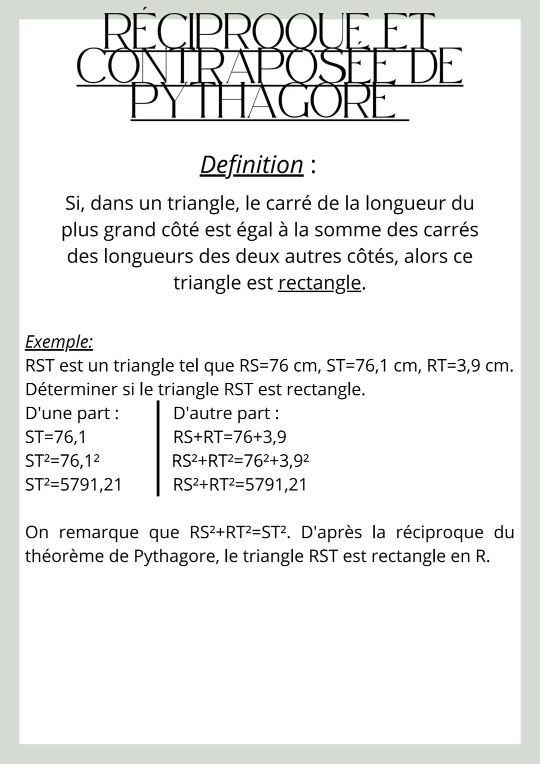 # PYTHAGORE
Definition :
Dans un triangle rectangle, le carré
de la longueur de l'hypoténuse est
égal a la somme des carrés des
longueurs d