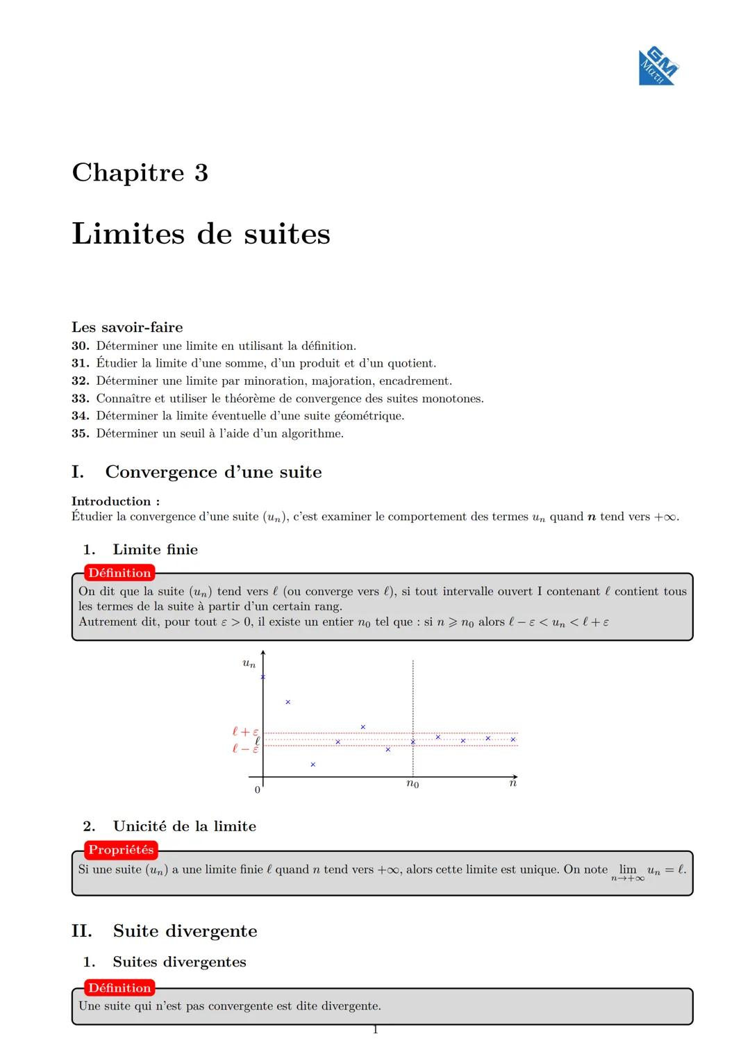 III. Calcul d'une limite de suite
1. Opérations sur les limites
Somme
$ \lim_{n \to +\infty} u_n + v_n $
$ \lim_{n \to +\infty} u_n \to $
