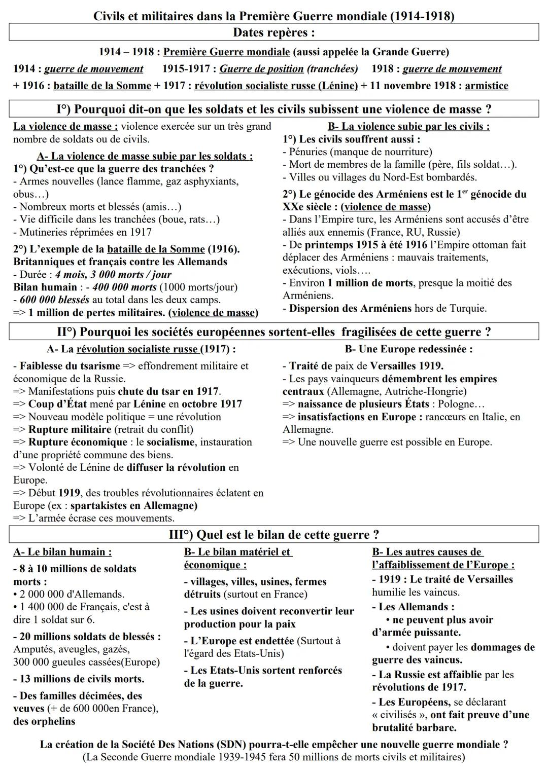 --- OCR Start ---
Civils et militaires dans la Première Guerre mondiale (1914-1918)
Dates repères :
1914-1918: Première Guerre mondiale (aus