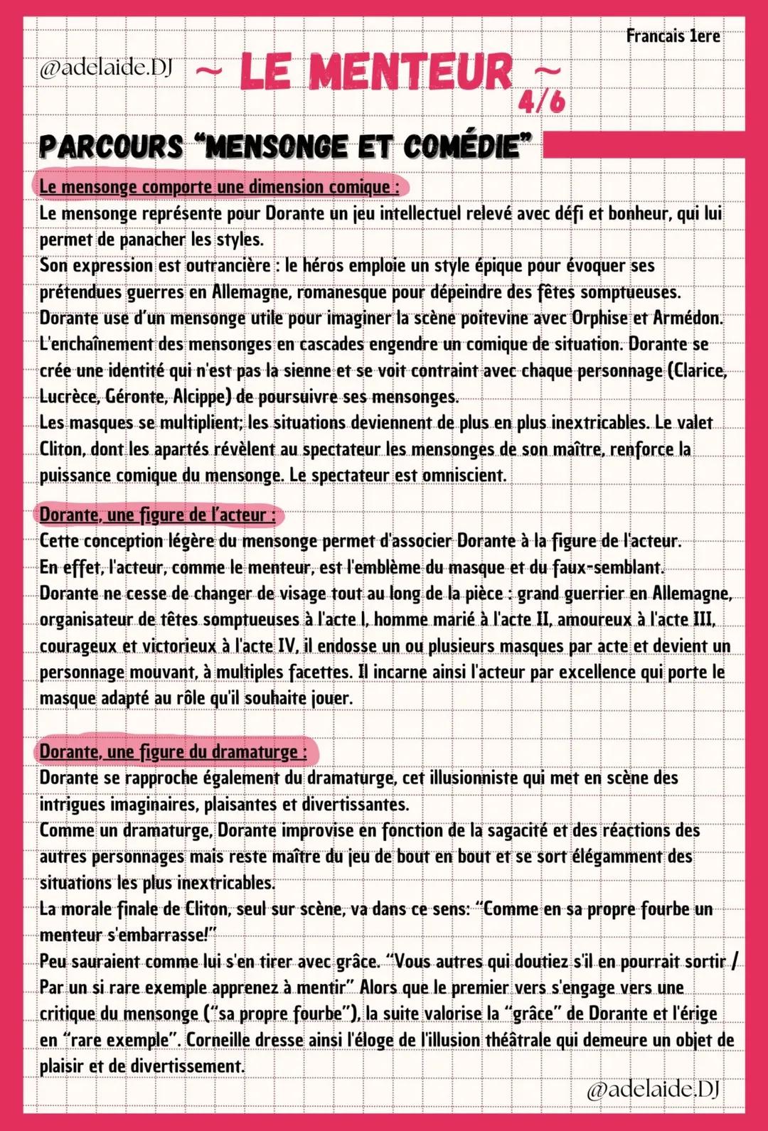 @adelaide.DJ
~ LE MENTEUR
4/6
Francais lere
PARCOURS "MENSONGE ET COMÉDIE"
Le mensonge comporte une dimension comique :
Le mensonge représen