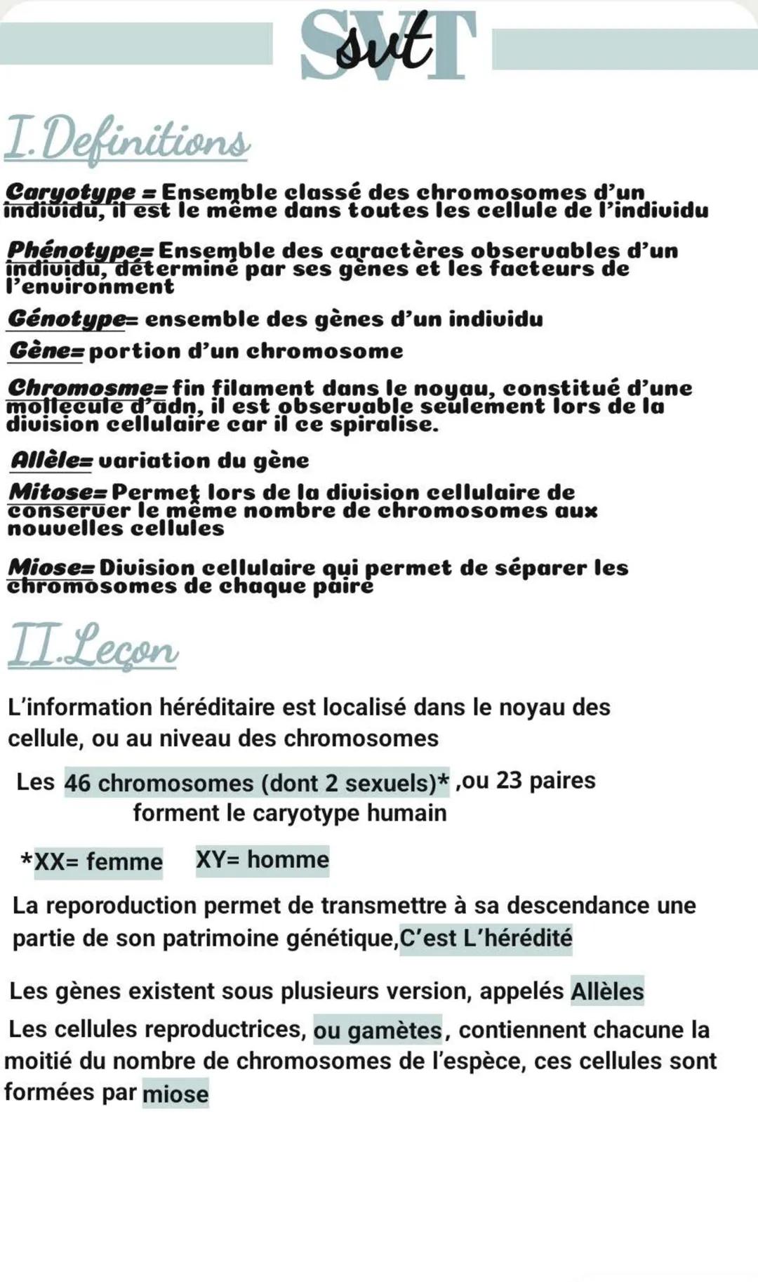 --- OCR Start ---
sut
I. Definitions
Caryotype = Ensemble classé des chromosomes d'un
individu, il est le même dans toutes les cellule de l'