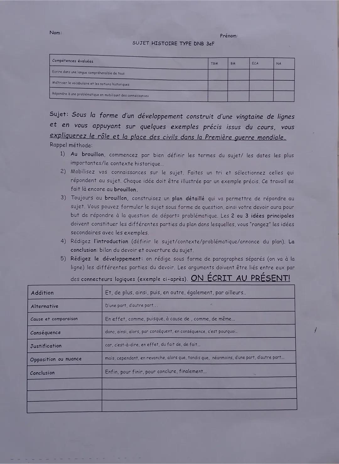 --- OCR Start ---
Nom:
Prénom:
SUJET HISTOIRE TYPE DNB 3eF
Compétences évaluées
TSM
BM
ECA
NA
Ecrire dans une langue compréhensible de tous