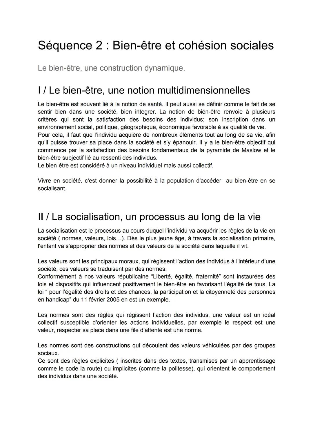 # Séquence 2: Bien-être et cohésion sociales
Le bien-être, une construction dynamique.
## I/ Le bien-être, une notion multidimensionnelles