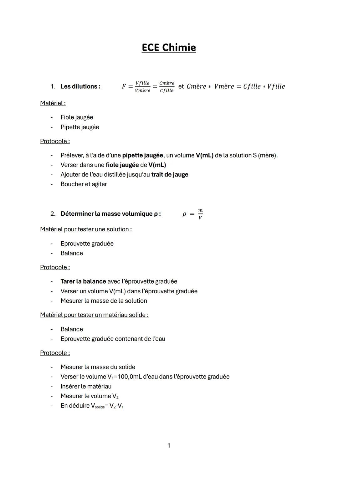 # ECE Chimie
1. Les dilutions :
$F = \frac{V_{fille}}{V_{mère}} = \frac{C_{mère}}{C_{fille}}$ et $C_{mère} * V_{mère} = C_{fille} * V_{fill