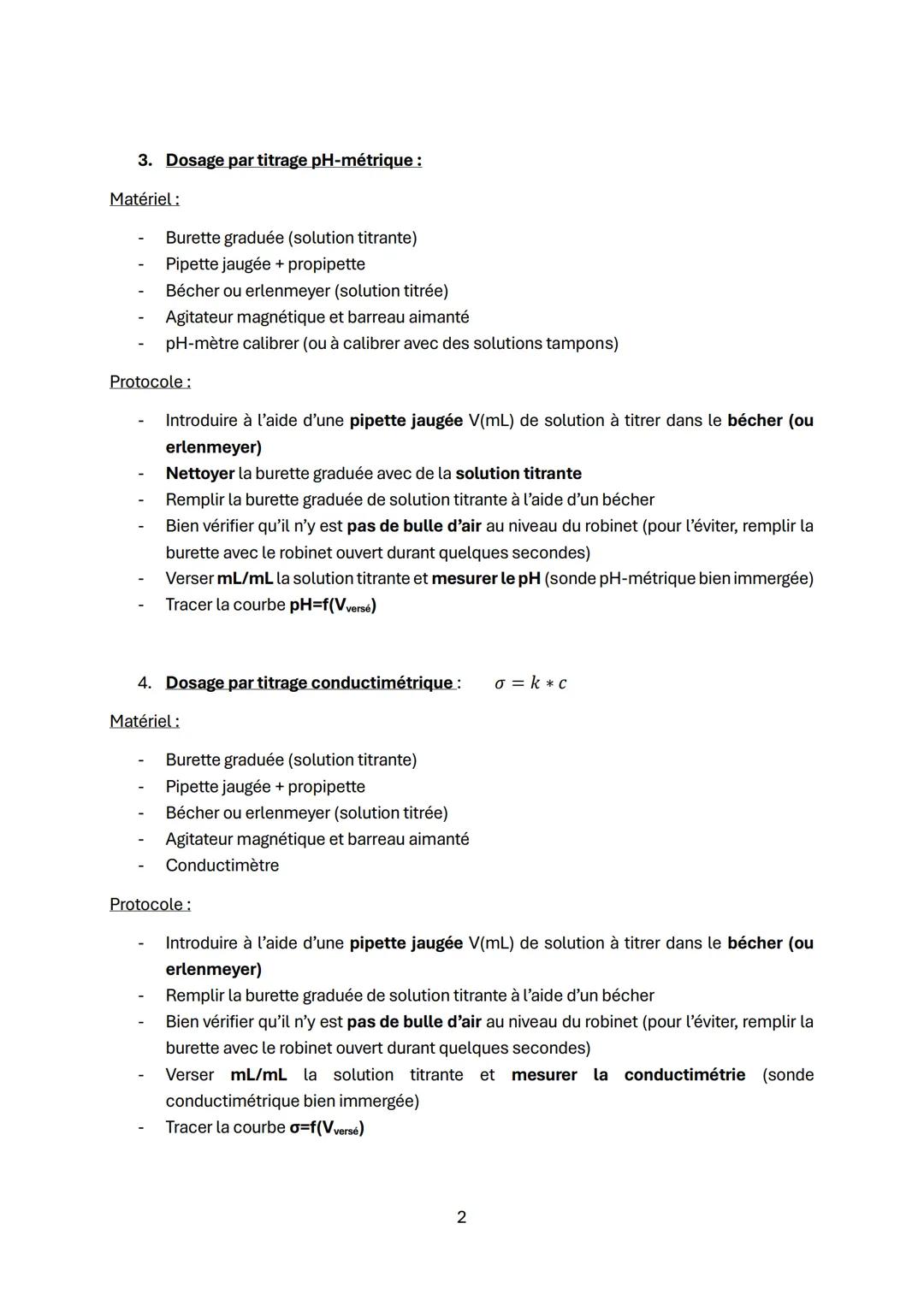 # ECE Chimie
1. Les dilutions :
$F = \frac{V_{fille}}{V_{mère}} = \frac{C_{mère}}{C_{fille}}$ et $C_{mère} * V_{mère} = C_{fille} * V_{fill