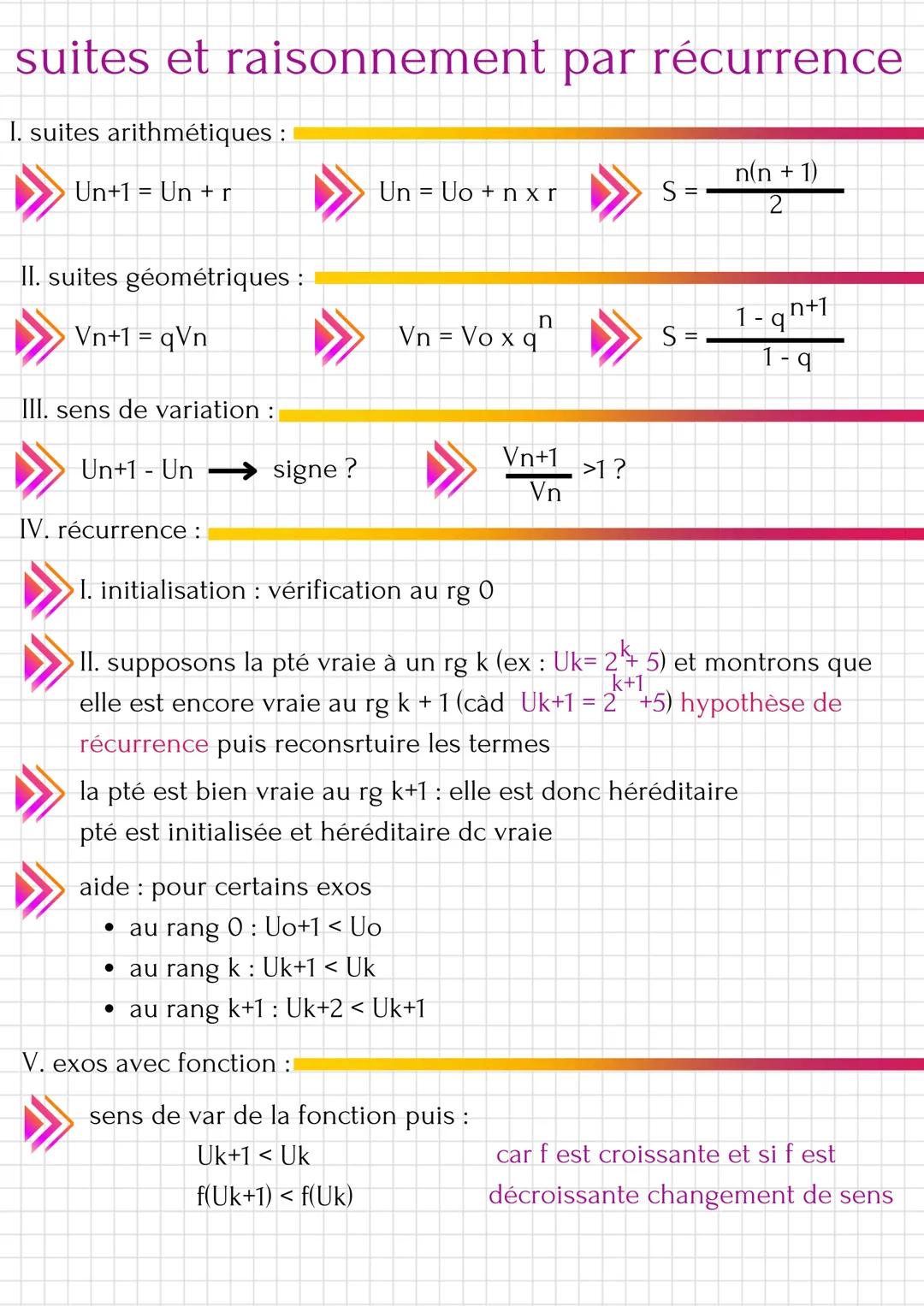# suites et raisonnement par récurrence
I. suites arithmétiques :
Un+1 Un+r
Un Uo + n xr
S =
n(n + 1)
2
II. suites géométriques :
n
V