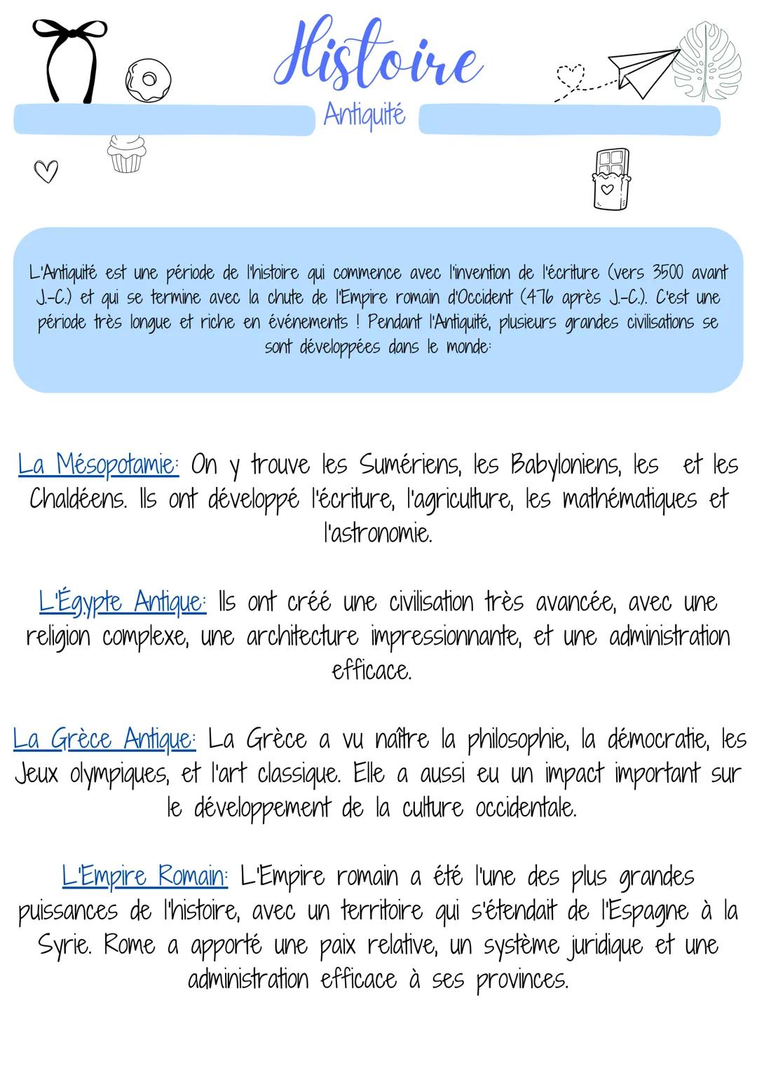# Histoire
Antiquité
L'Antiquité est une période de l'histoire qui commence avec l'invention de l'écriture (vers 3500 avant
J.-C.) et qui