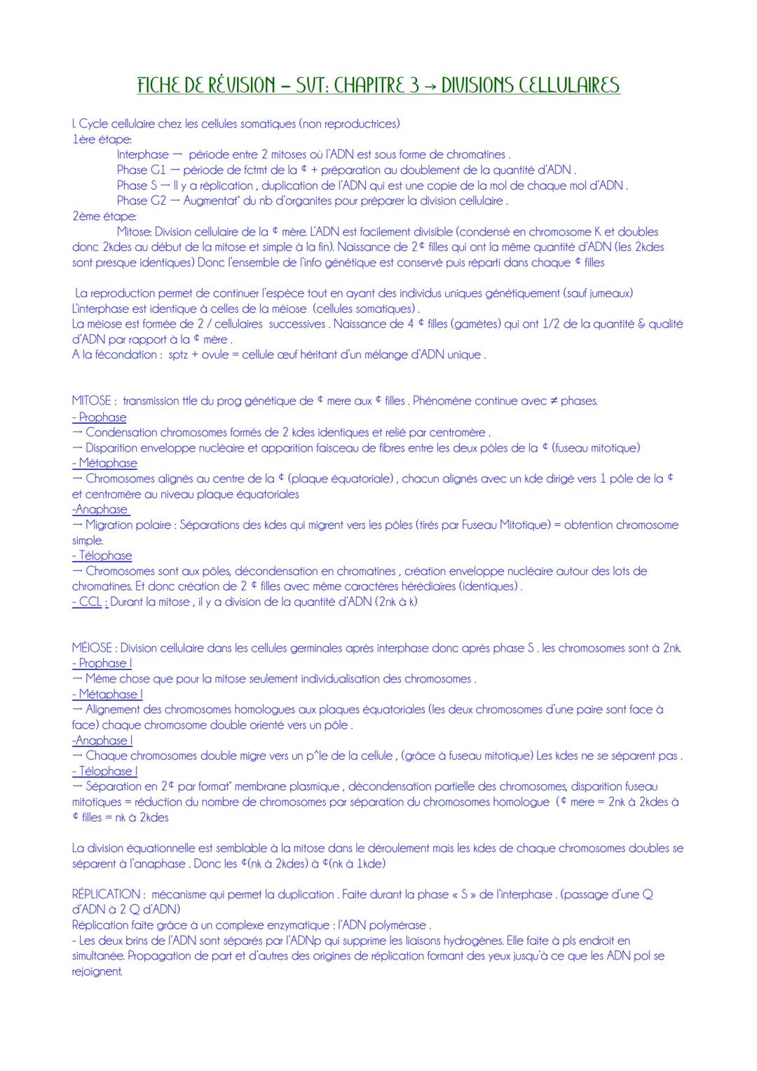 --- OCR Start ---
FICHE DE RÉVISION - SUT: CHAPITRE 3 → DIVISIONS CELLULAIRES
L Cycle cellulaire chez les cellules somatiques (non reproduct