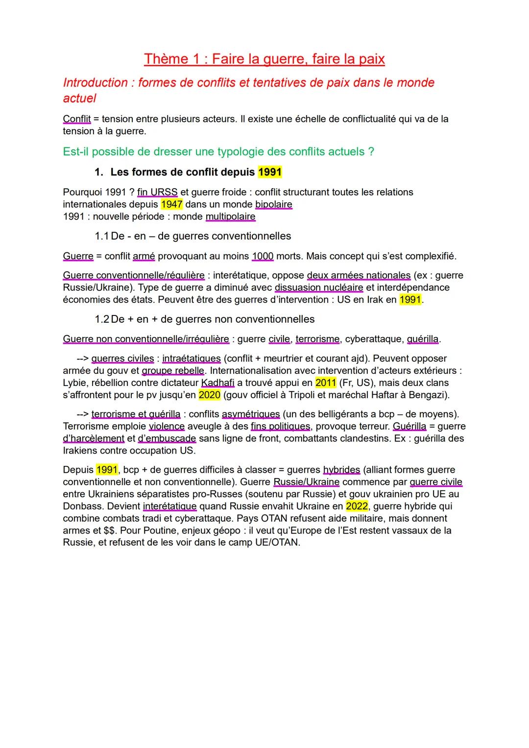 --- OCR Start ---
Thème 1: Faire la guerre, faire la paix
Introduction: formes de conflits et tentatives de paix dans le monde
actuel
Confli