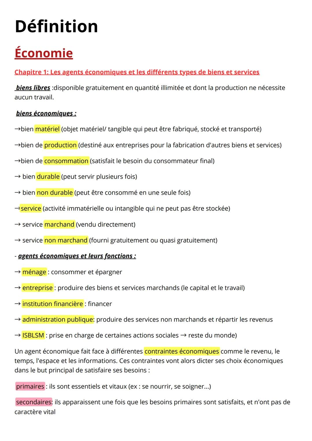 --- OCR Start ---
Définition
Économie
Chapitre 1: Les agents économiques et les différents types de biens et services
biens libres :disponib