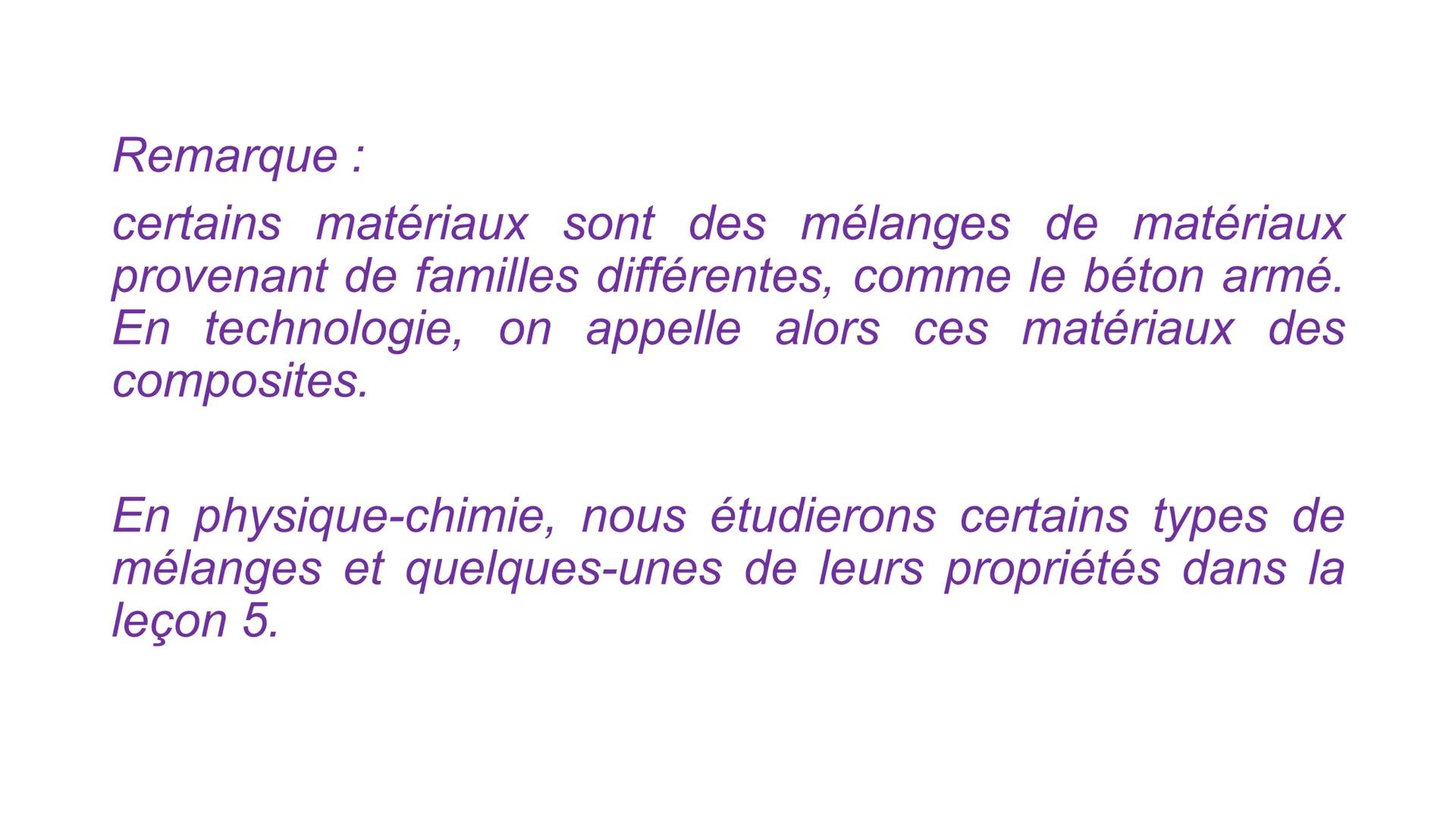 # Leçon n°3 : La diversité de la
matière
Objectifs :
- Connaître les noms des cinq grande familles de matériaux ;
- Savoir classer les maté