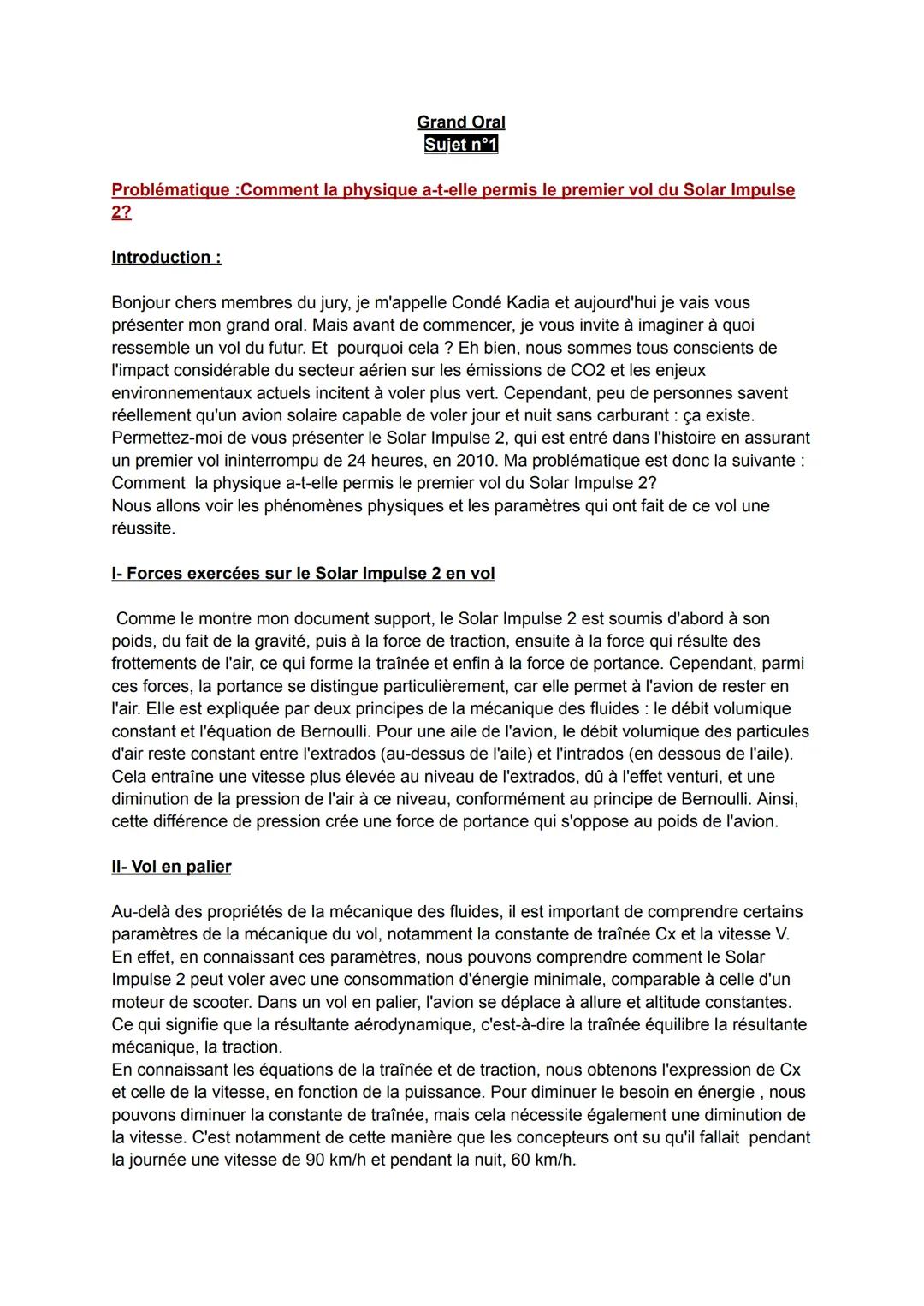 # Grand Oral
Sujet n°1
Problématique: Comment la physique a-t-elle permis le premier vol du Solar Impulse
2?
Introduction:
Bonjour chers