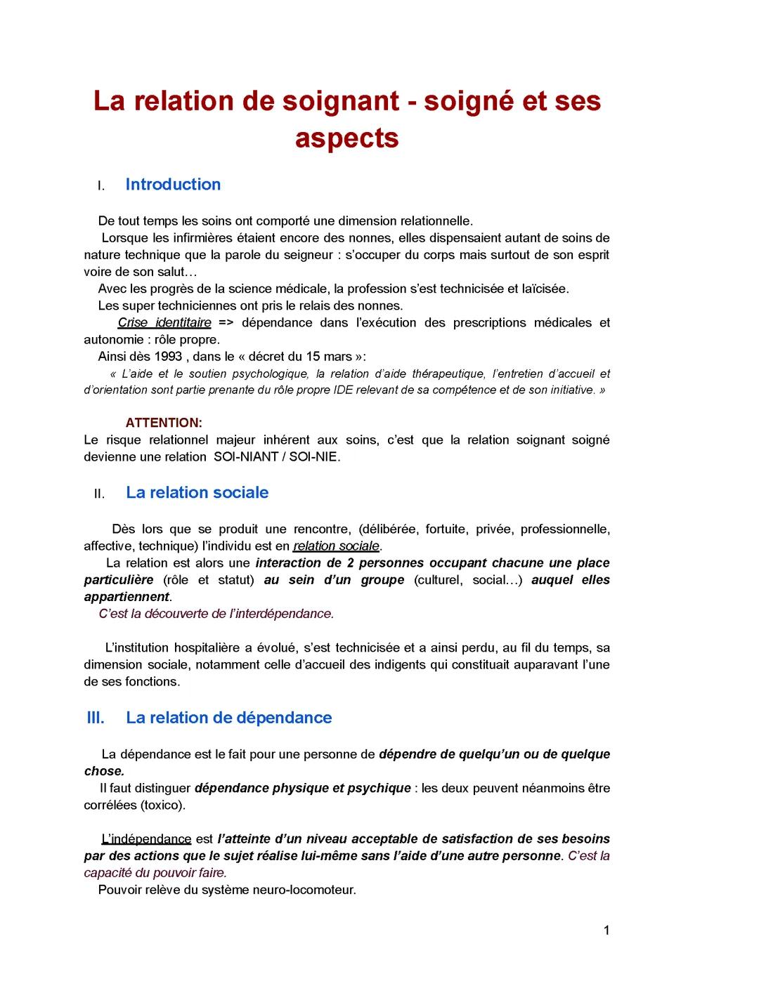 La relation soignant - soigné et ses aspects ESI