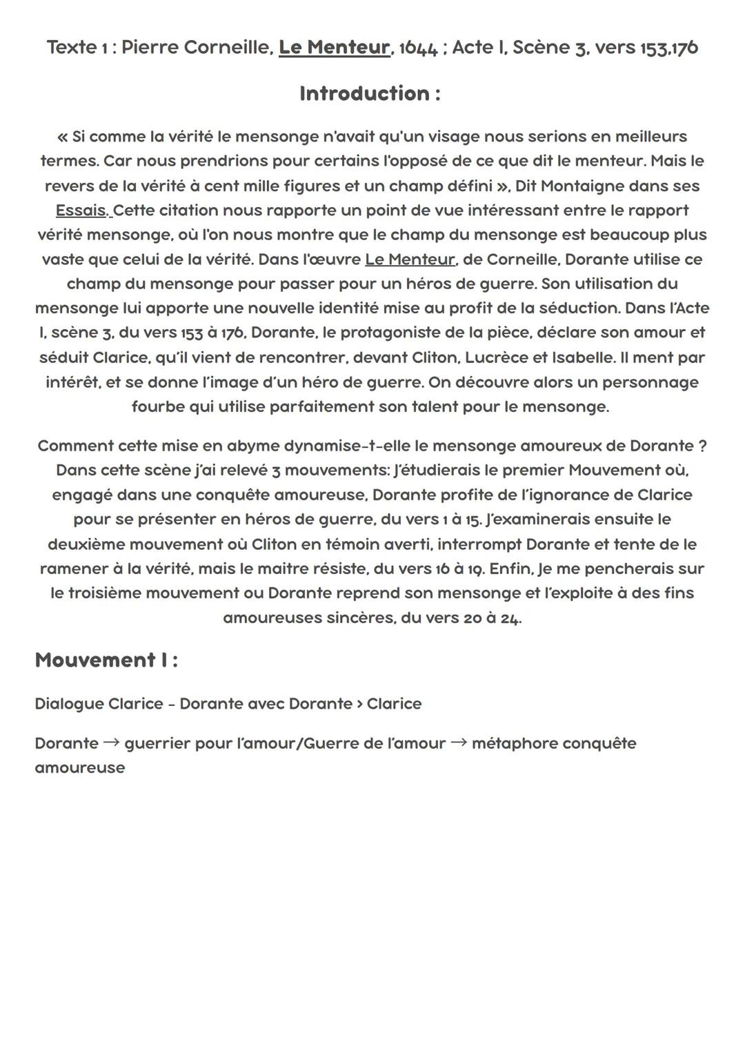 --- OCR Start ---
Texte 1: Pierre Corneille, Le Menteur, 1644: Acte I, Scène 3. vers 153.176
Introduction:
<<< Si comme la vérité le mensong