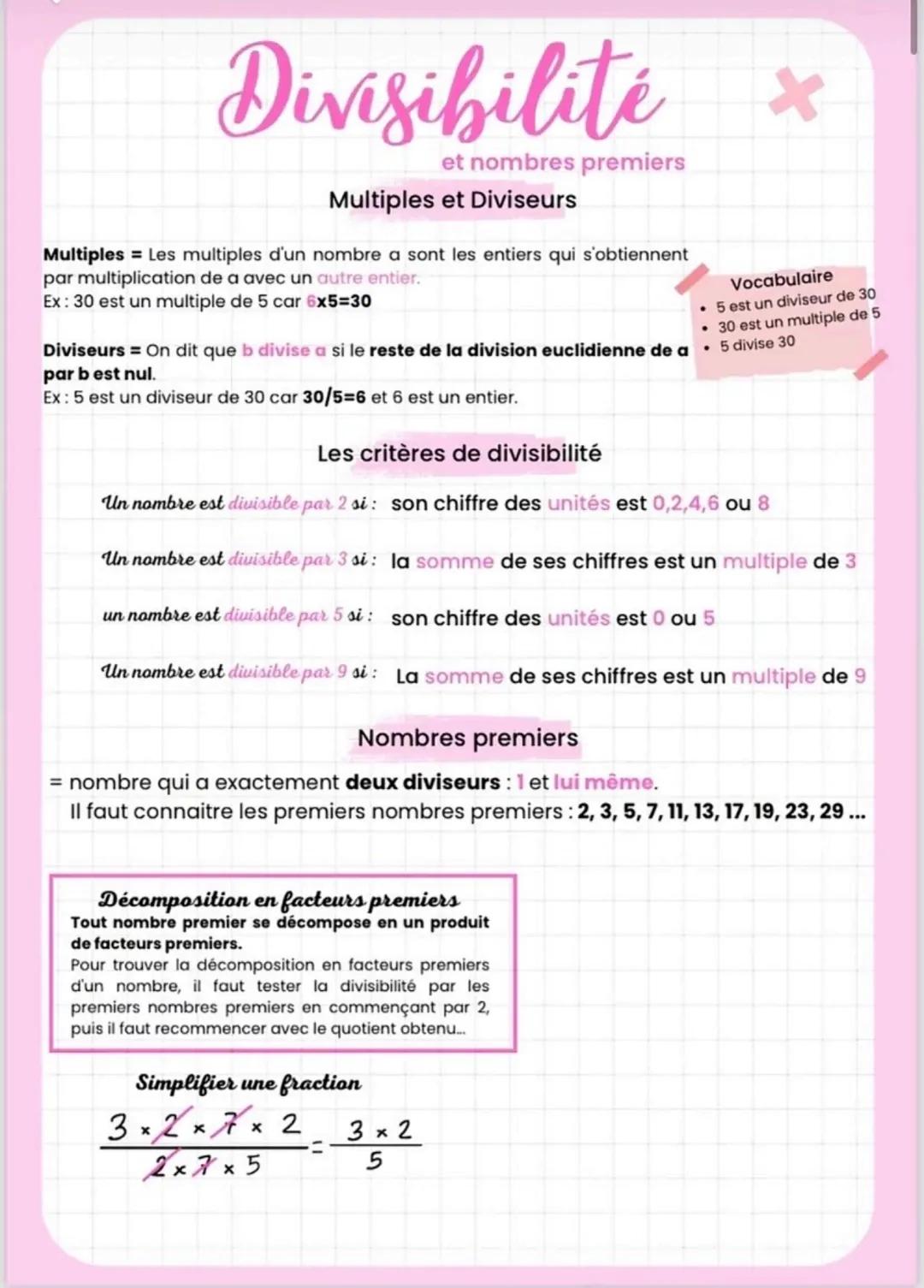 --- OCR Start ---
Divisibilité
et nombres premiers
Multiples et Diviseurs
Multiples = Les multiples d'un nombre a sont les entiers qui s'obt