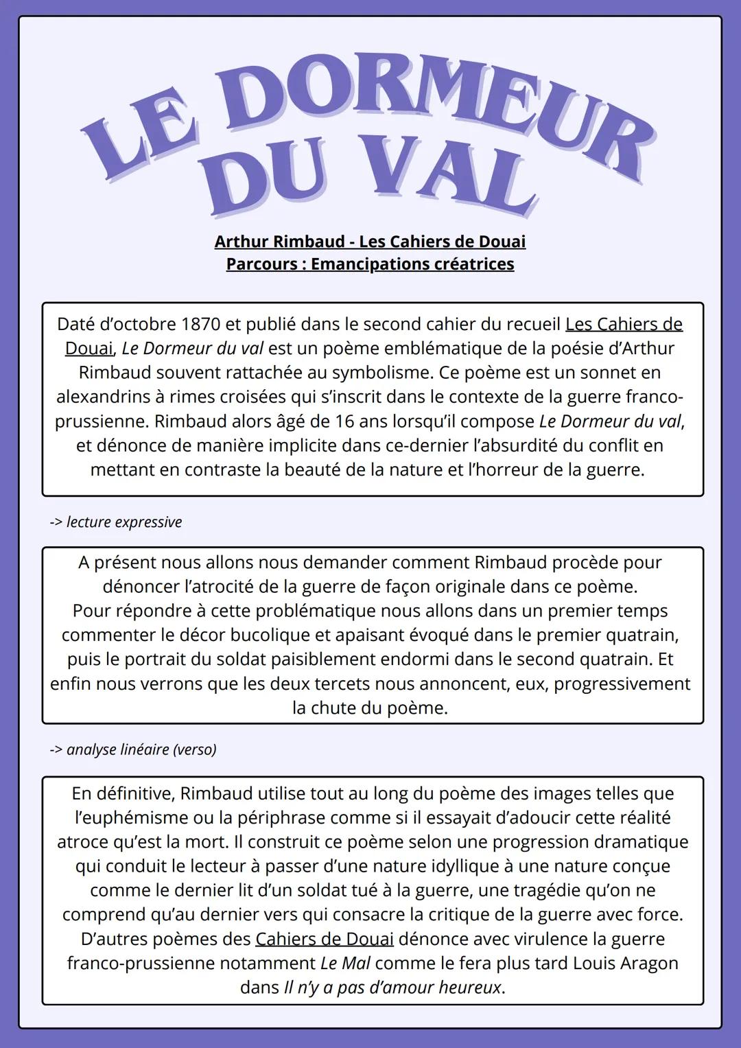 --- OCR Start ---
LE DORMEUR
DU VAL
Arthur Rimbaud - Les Cahiers de Douai
Parcours: Emancipations créatrices
Daté d'octobre 1870 et publié d
