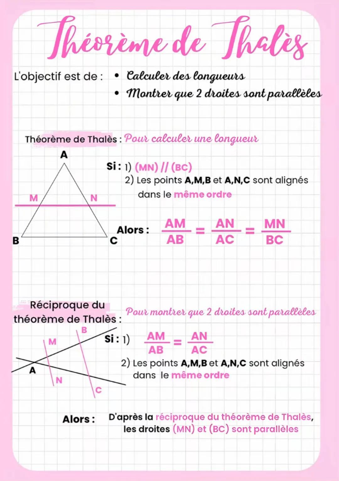 # Théorème de Thales
L'objectif est de : • Calculer des longueurs
• Montrer que 2 droites sont parallèles
Théorème de Thalès: Pour calcul