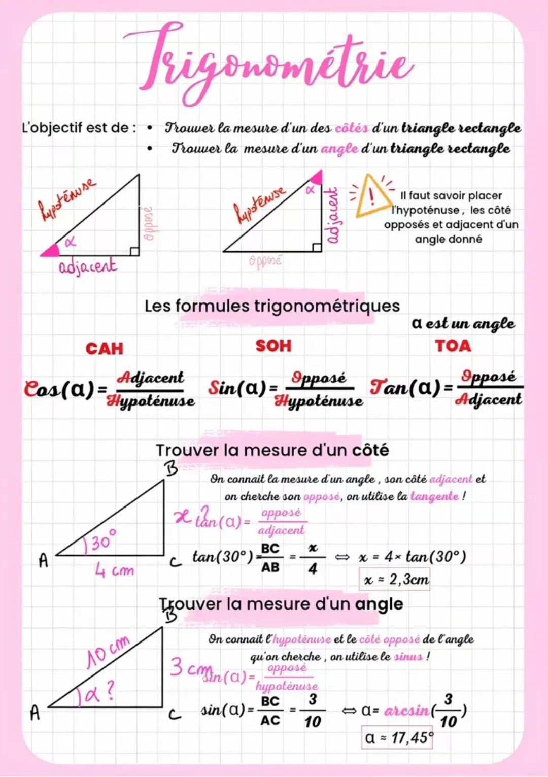 # Trigonométrie
L'objectif est de :  • Trouver la mesure d'un des côtés d'un triangle rectangle
                      • Trouver la mesure d
