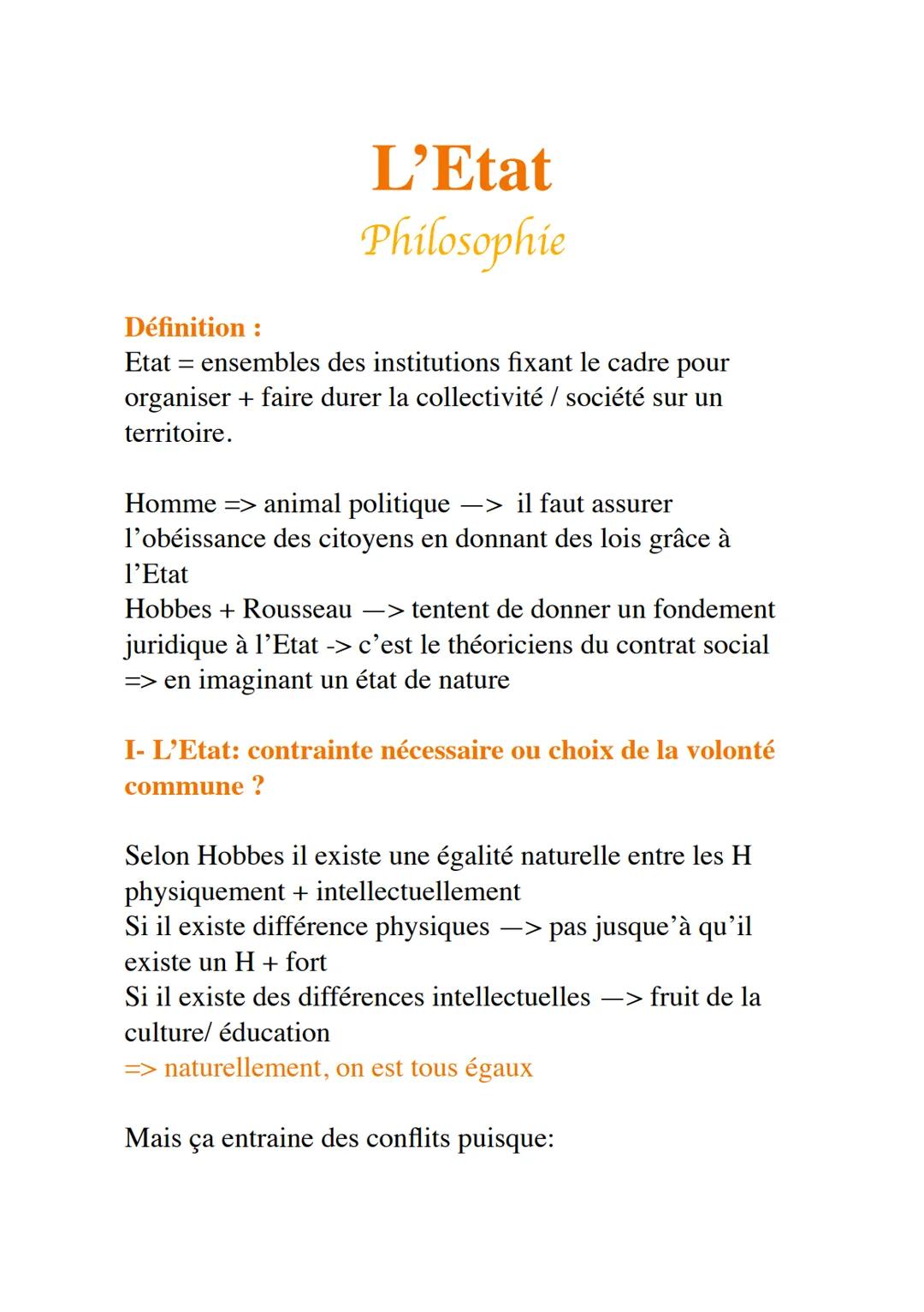 # L'Etat
## Philosophie
Définition:
Etat = ensembles des institutions fixant le cadre pour
organiser + faire durer la collectivité / soci