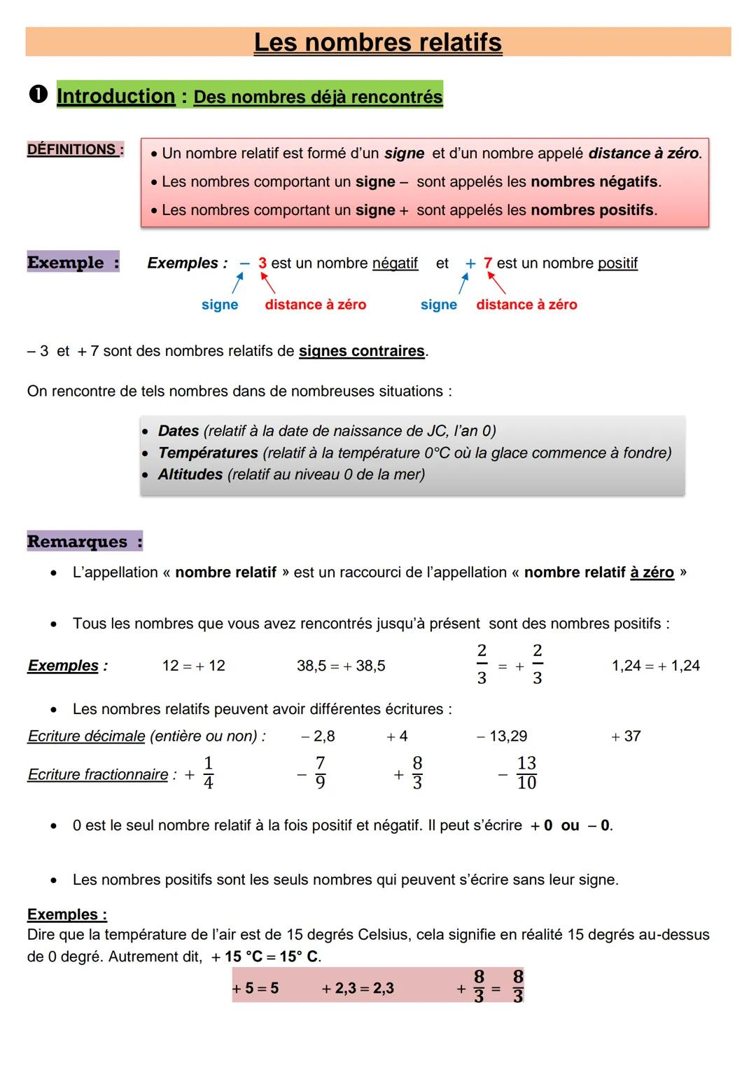 # Les nombres relatifs
**1** Introduction : Des nombres déjà rencontrés
DÉFINITIONS :
- Un nombre relatif est formé d'un signe et d'un no