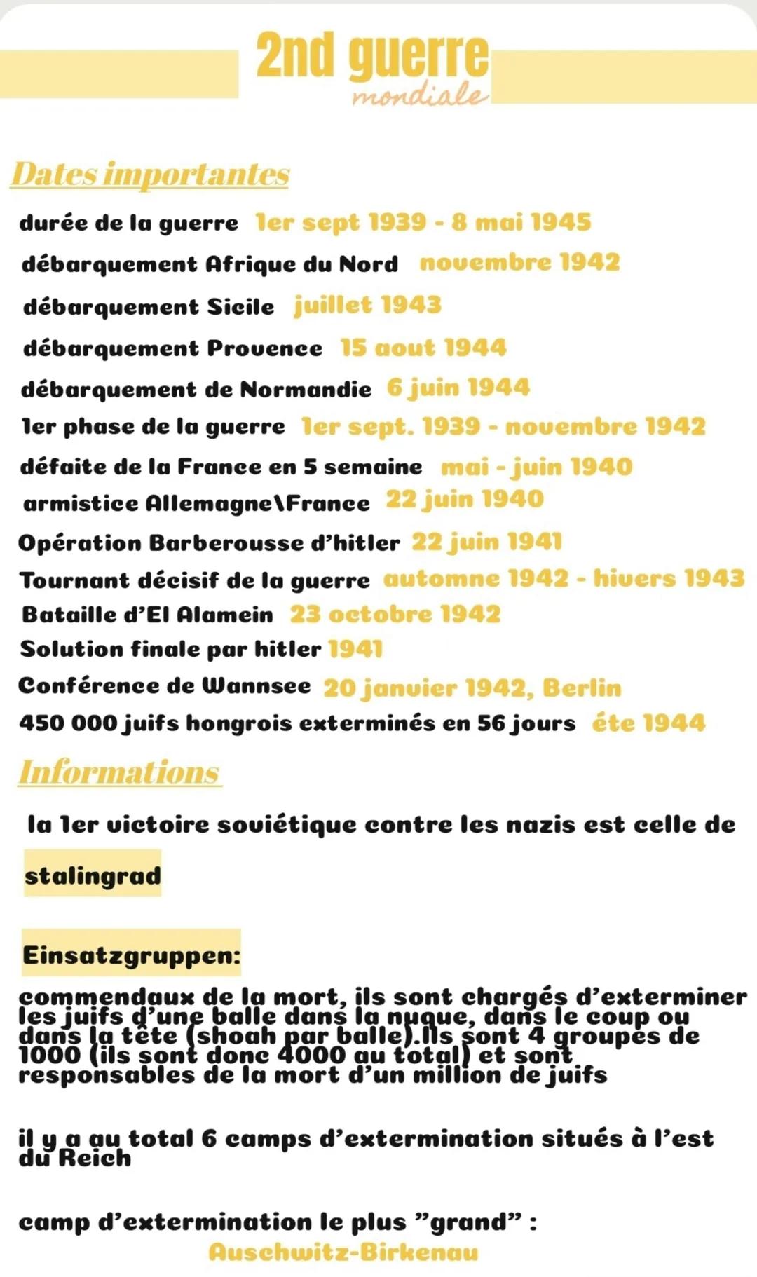 # 2nd guerre
mondiale
Dates importantes
durée de la guerre ler sept 1939-8 mai 1945
débarquement Afrique du Nord nouembre 1942
débarque