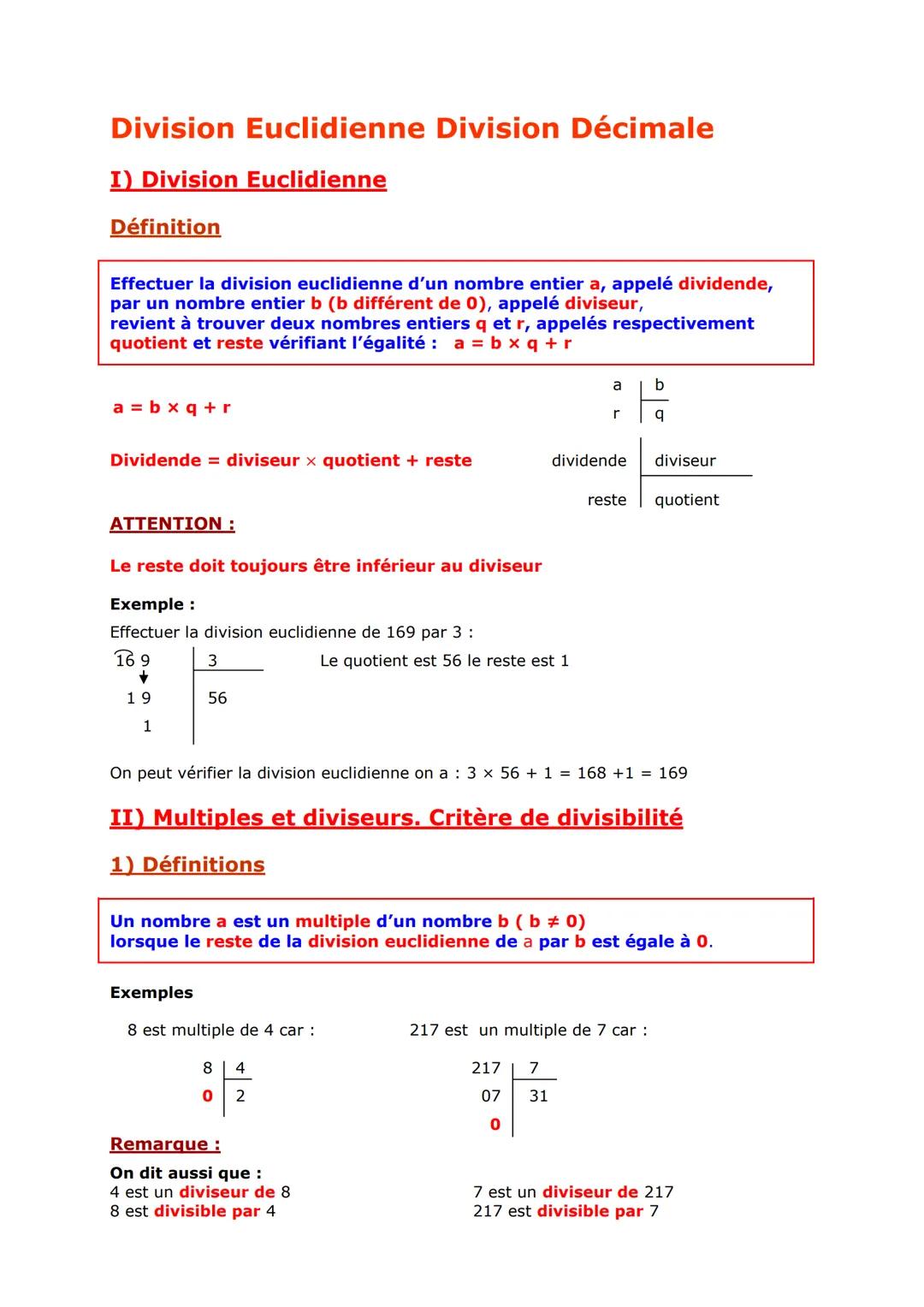 # Division Euclidienne Division Décimale
I) Division Euclidienne
Définition
Effectuer la division euclidienne d'un nombre entier $a$, app