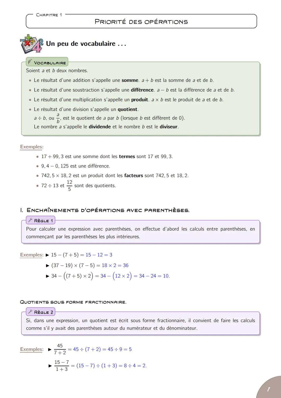 --- OCR Start ---
Priorité des opérations
EN RÉSUMÉ
Je dois connaître le vocabulaire lié aux opérations:
12-4=8
12 et 4 sont les TERMES
8 es