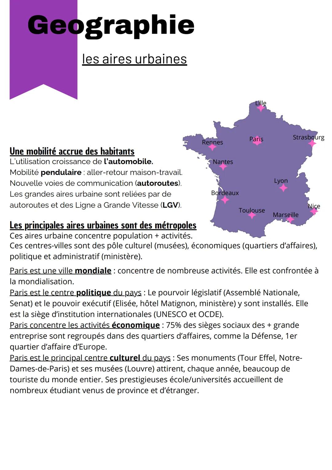 --- OCR Start ---
Geographie
les aires urbaines
Une aire urbaine est un ensemble de communes
proches les unes des autres, avec une ville cen