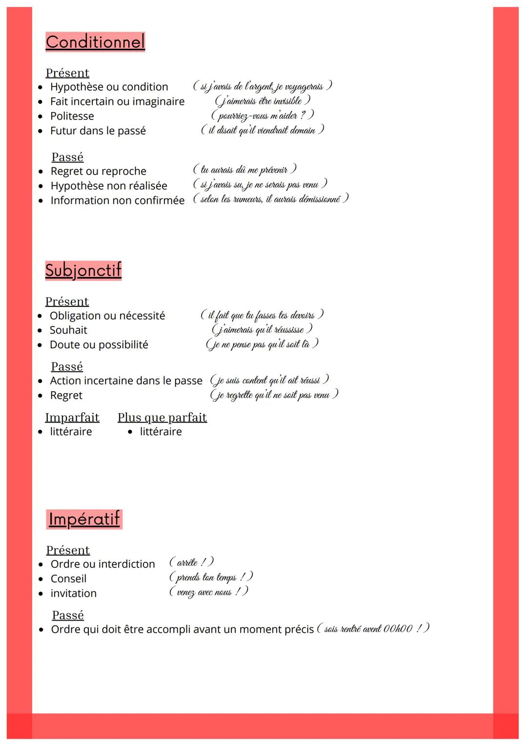 --- OCR Start ---
Français
VALEUR/TEMPS/MODE
Indicatif
Présent
Action en cours
Vérité générale
Habitude
Passé proche
• Futur proche
(je lis