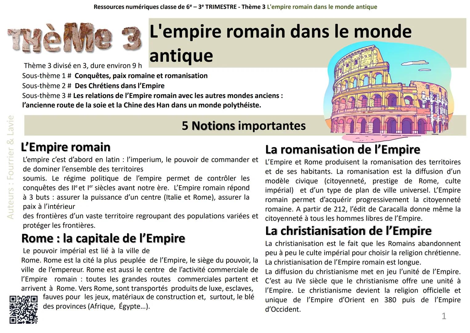 Ressources numériques classe de 6º -3º TRIMESTRE - Thème 3 L'empire romain dans le monde antique
THÈMe 3 L'empire romain dans le monde
Thè