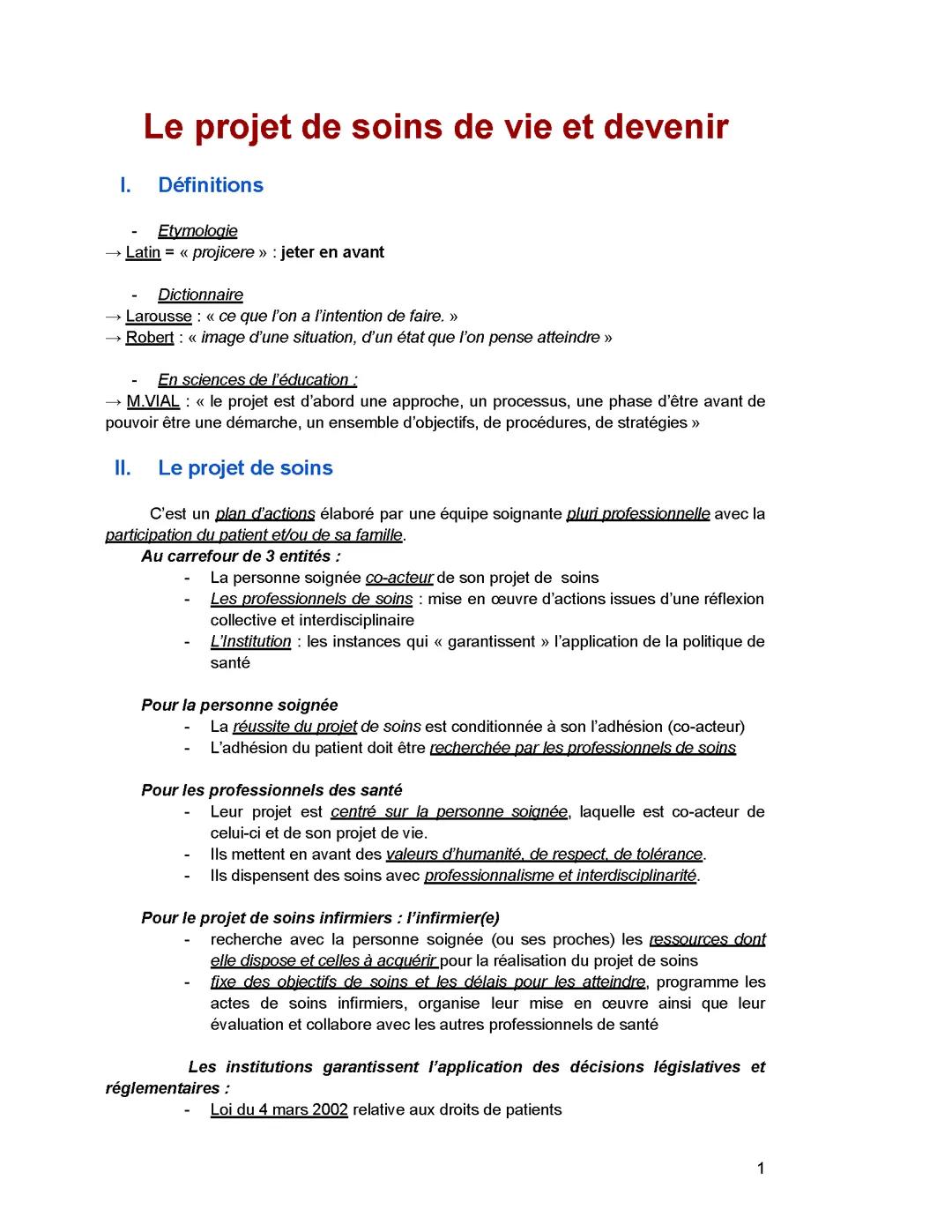 Le projet de soins, de vie et de devenir ESI