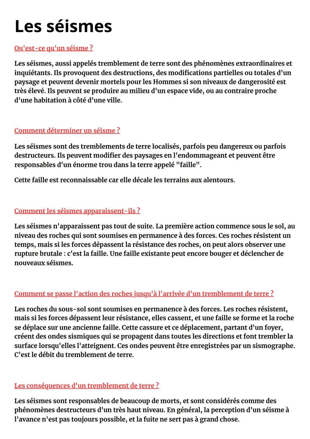 # Les séismes
Qu'est-ce qu'un séisme?
Les séismes, aussi appelés tremblement de terre sont des phénomènes extraordinaires et
inquiétants.