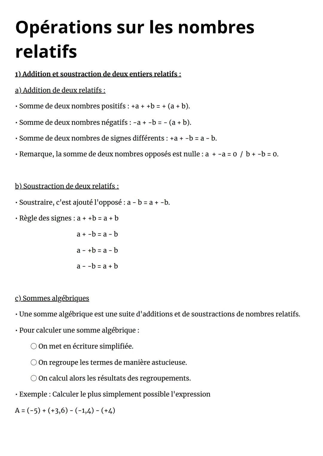 # Opérations sur les nombres
relatifs
1) Addition et soustraction de deux entiers relatifs :
a) Addition de deux relatifs :
*   Somme de