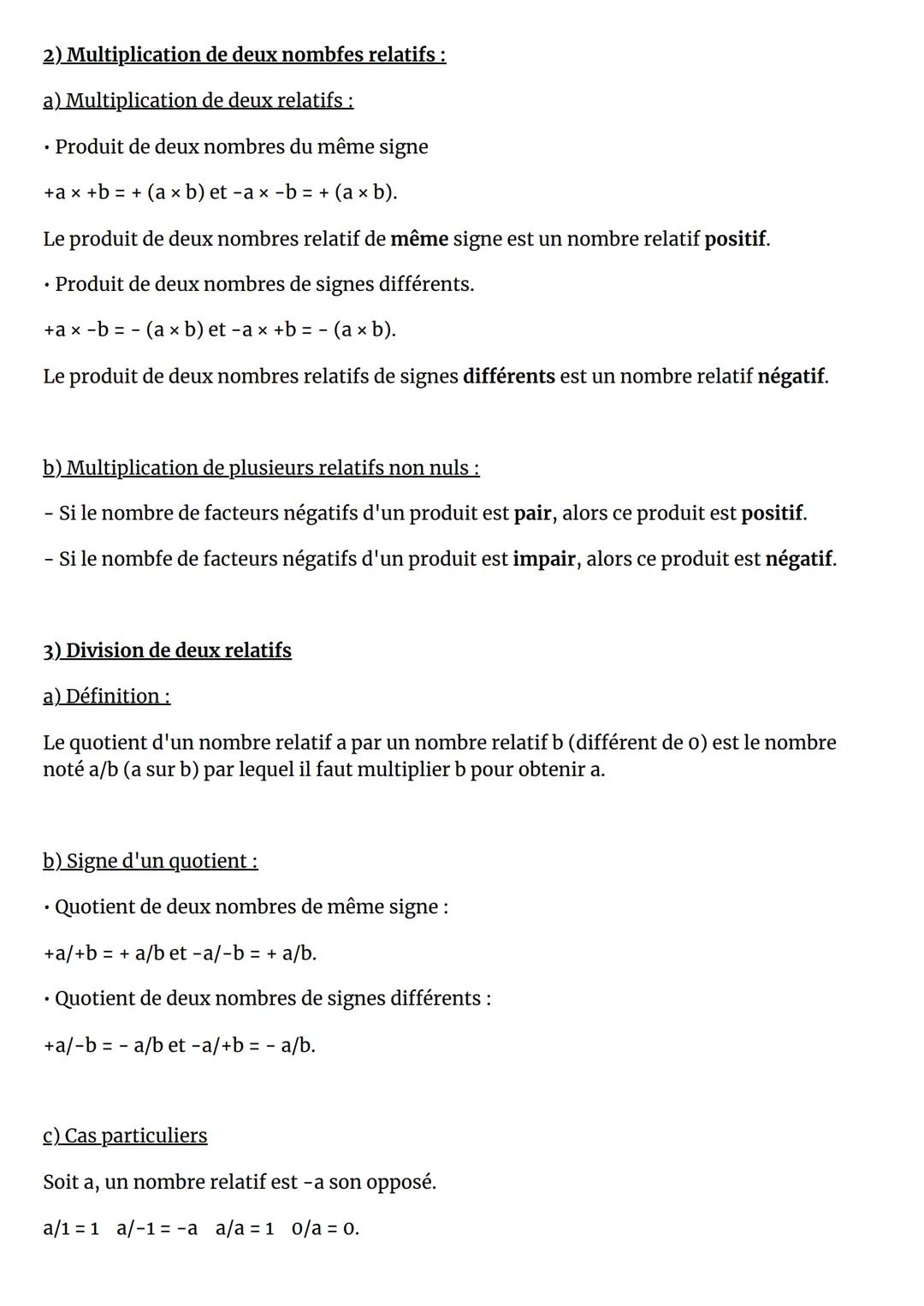 # Opérations sur les nombres
relatifs
1) Addition et soustraction de deux entiers relatifs :
a) Addition de deux relatifs :
*   Somme de