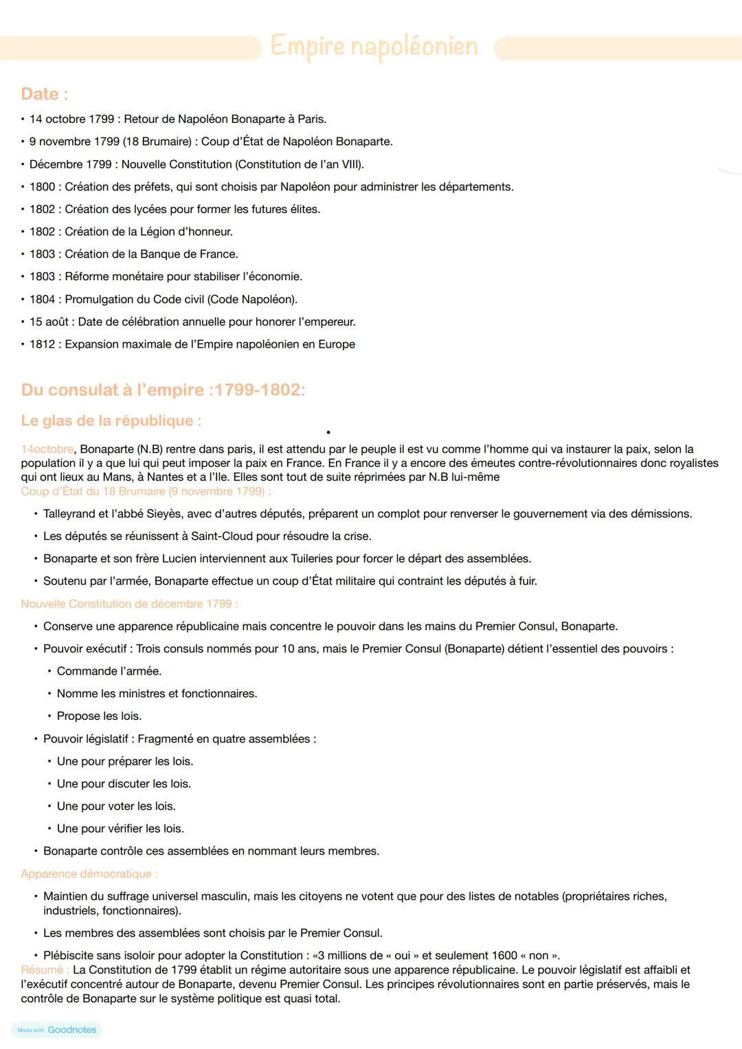 --- OCR Start ---
Empire napoléonien
Date:
• 14 octobre 1799: Retour de Napoléon Bonaparte à Paris.
• 9 novembre 1799 (18 Brumaire): Coup d'